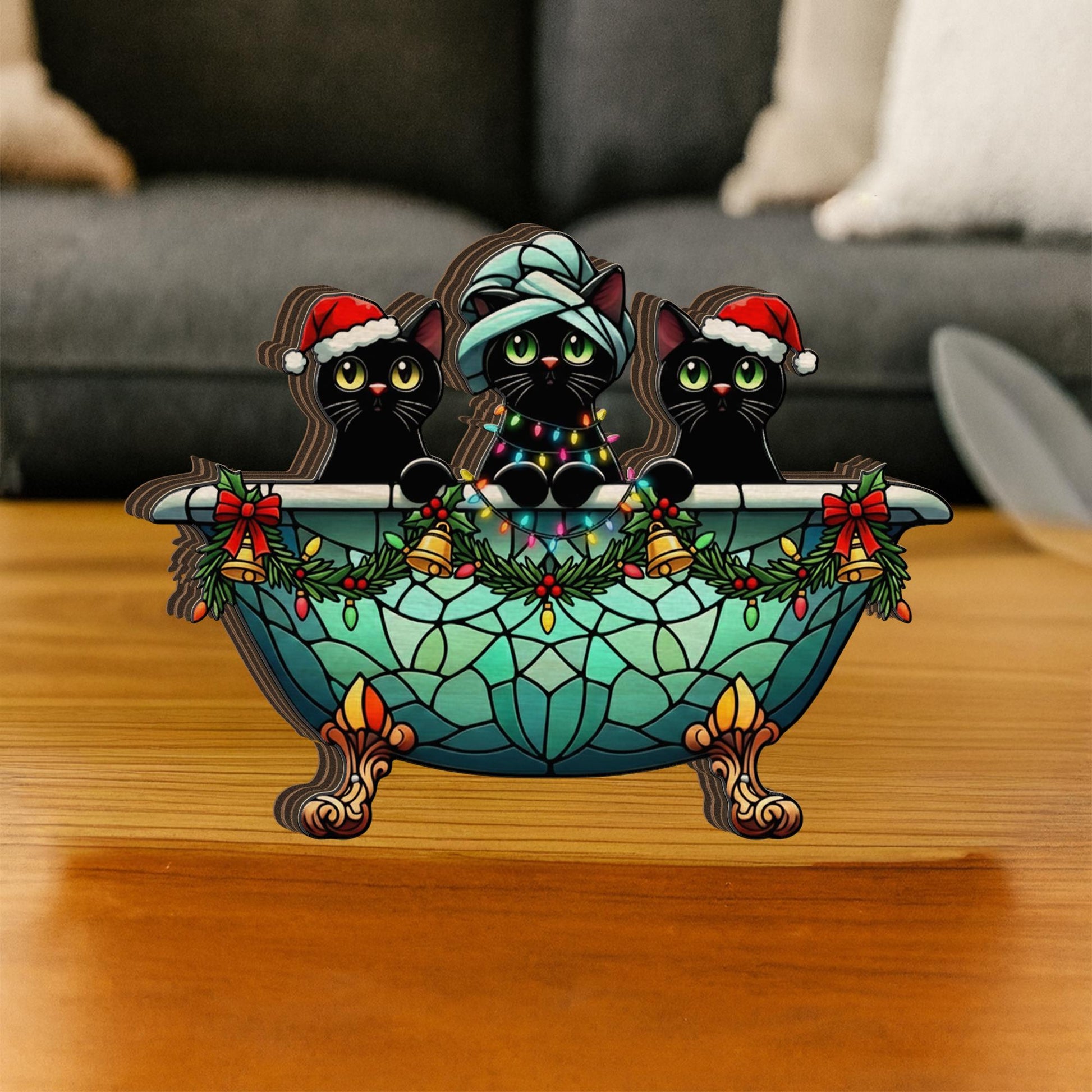 Christmas Cat Bathroom Decor Wooden Blocks: Winter Home Decoration Black Cat Tub Scene image 5