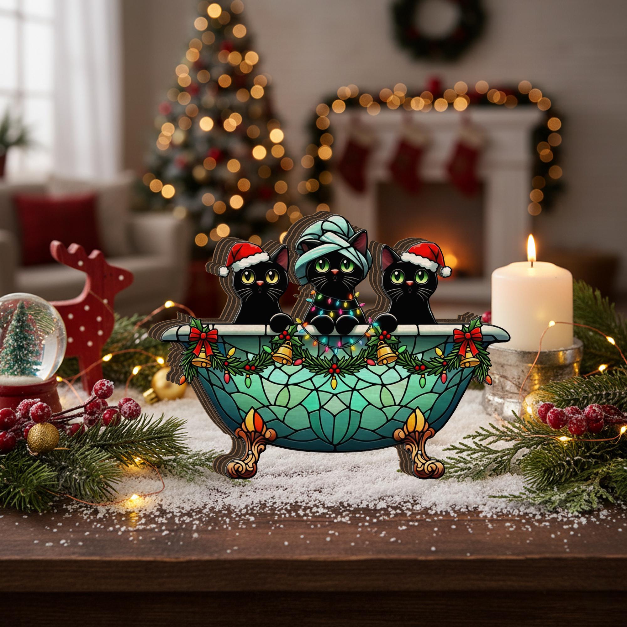 Christmas Cat Bathroom Decor Wooden Blocks: Winter Home Decoration Black Cat Tub Scene image 2