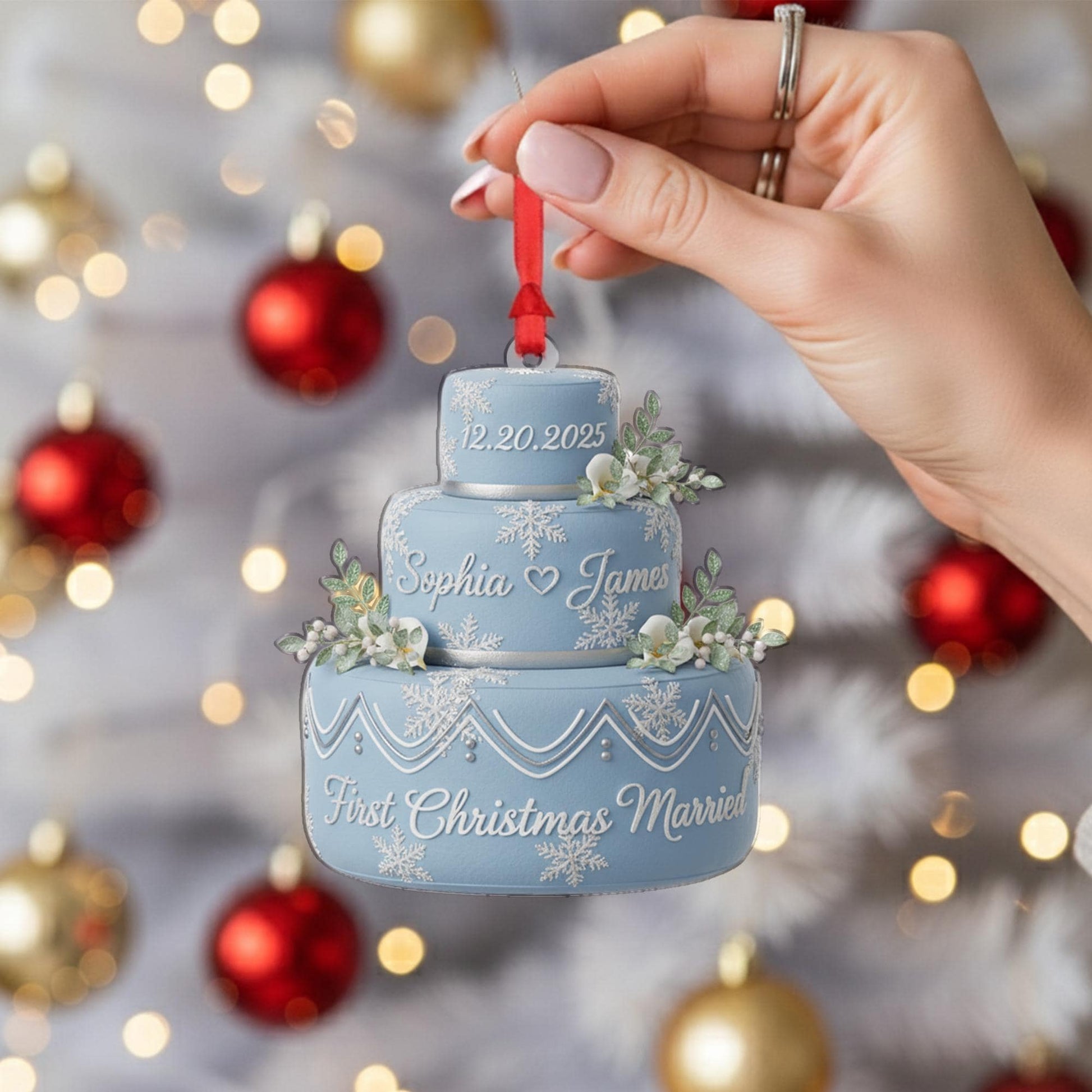 Personalized Acrylic Wedding Cake Ornament: First Christmas Married Keepsake with Custom Names and Date image 6