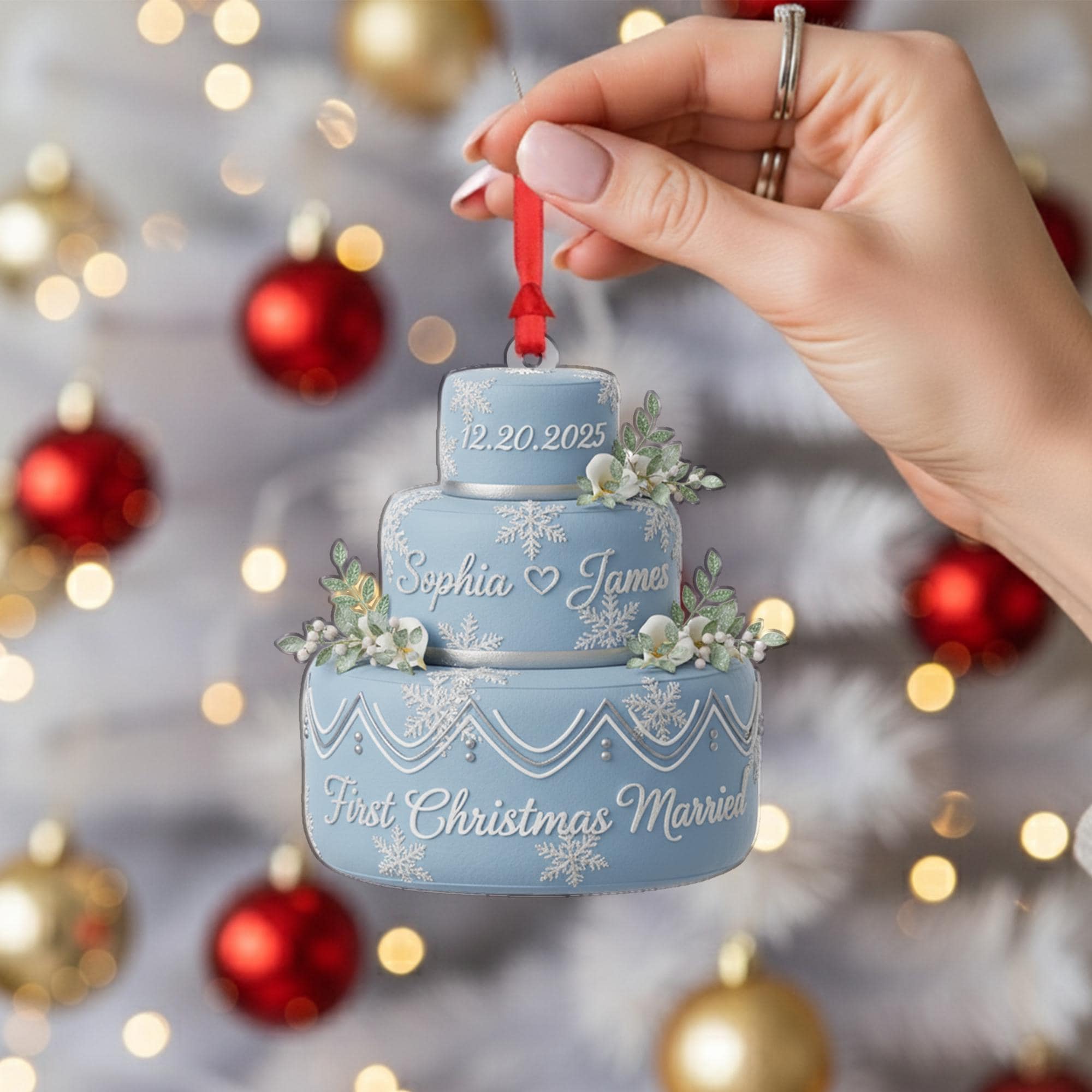 Personalized Acrylic Wedding Cake Ornament: First Christmas Married Keepsake with Custom Names and Date image 6