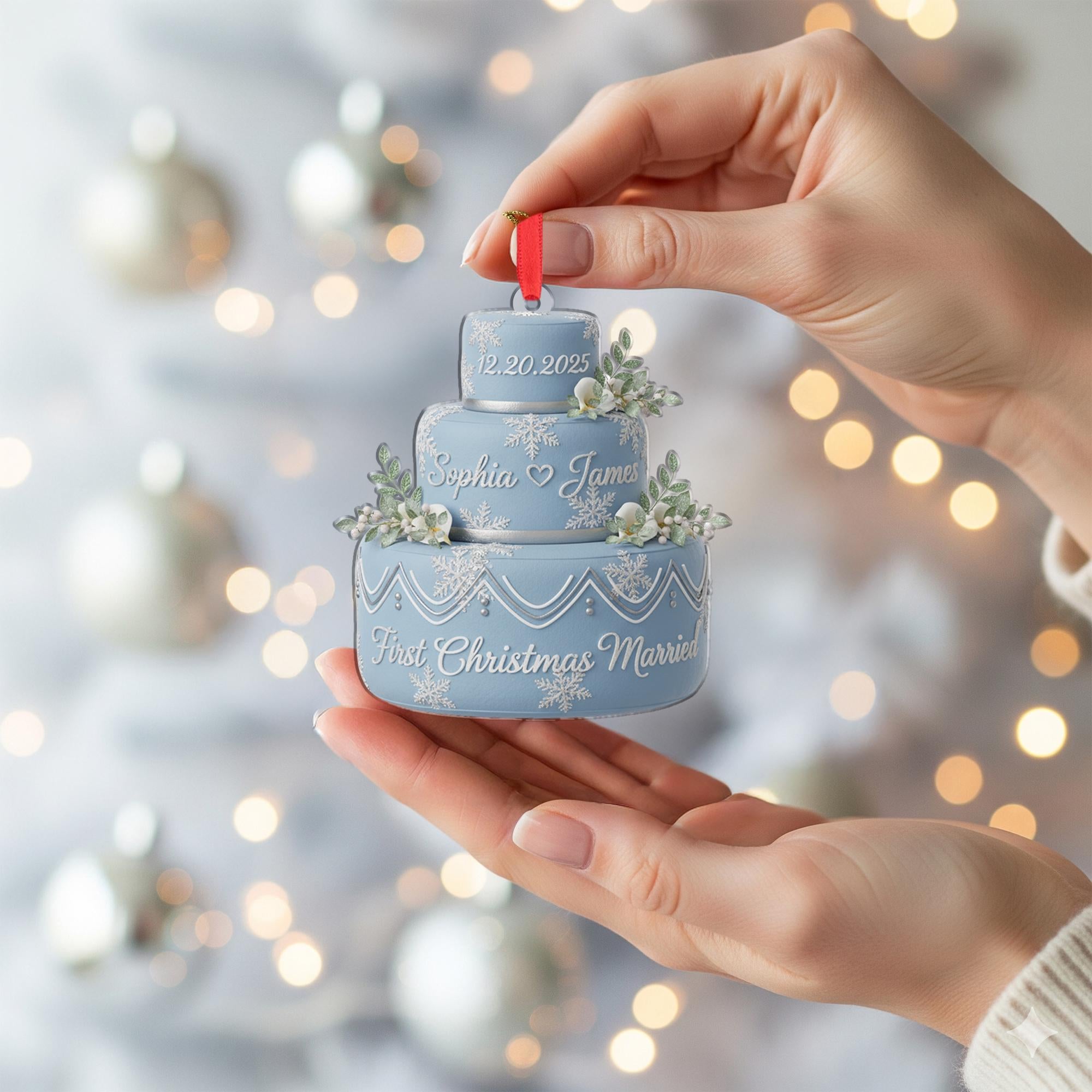 Personalized Acrylic Wedding Cake Ornament: First Christmas Married Keepsake with Custom Names and Date image 3