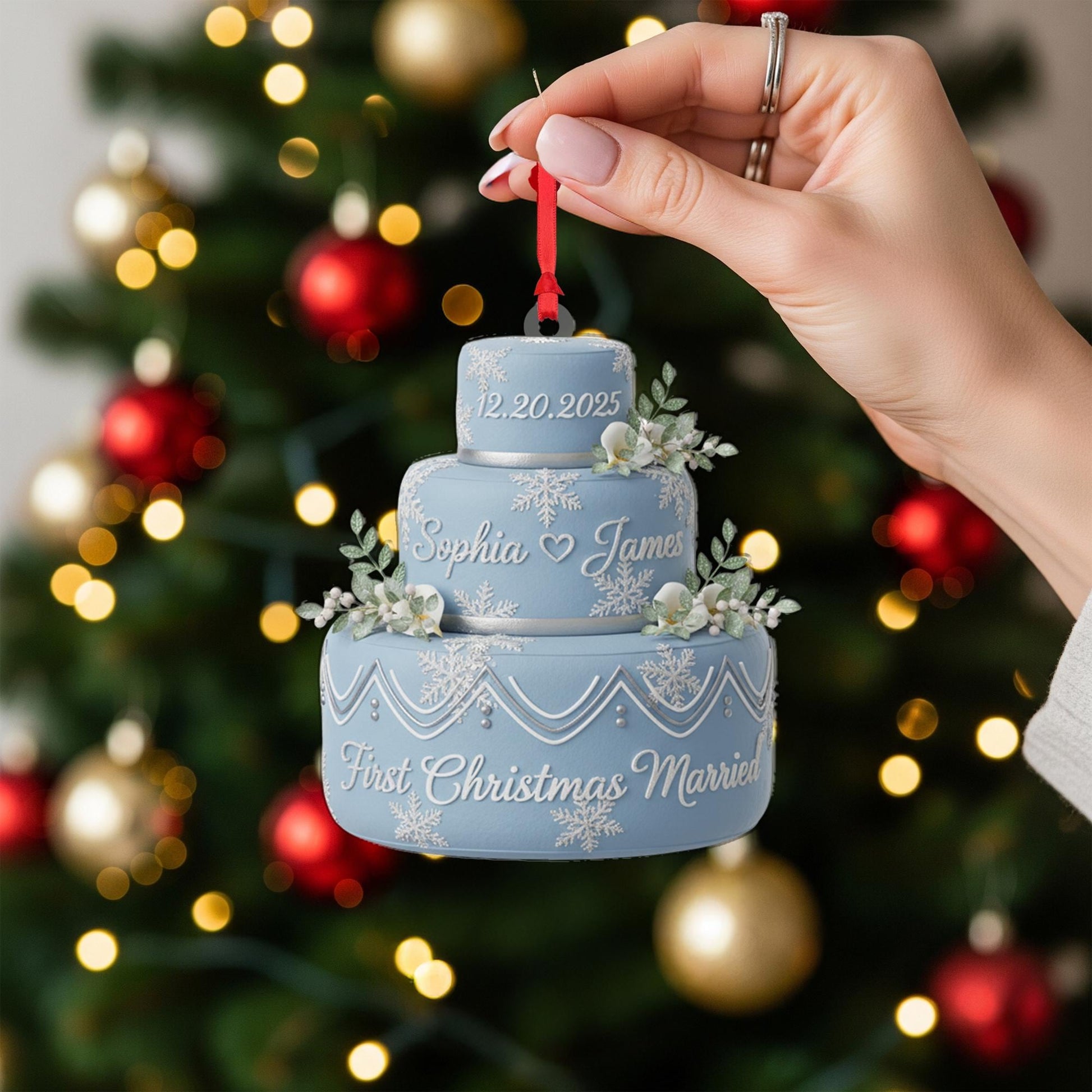 Personalized Acrylic Wedding Cake Ornament: First Christmas Married Keepsake with Custom Names and Date image 7