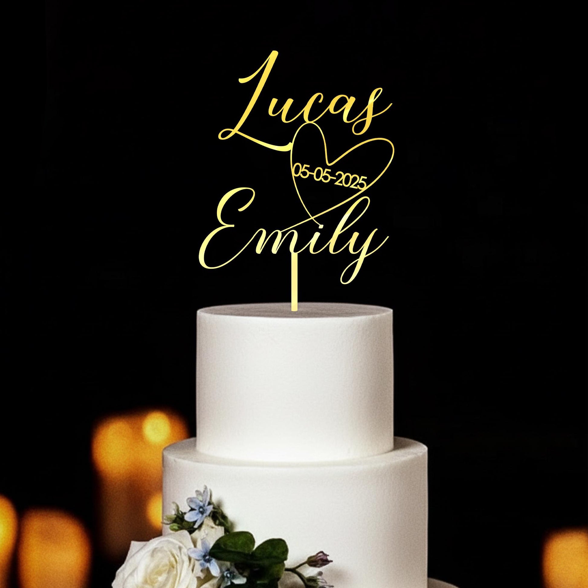 Custom Couple Name Wedding Cake Topper – Personalized Heart Date Topper image 1