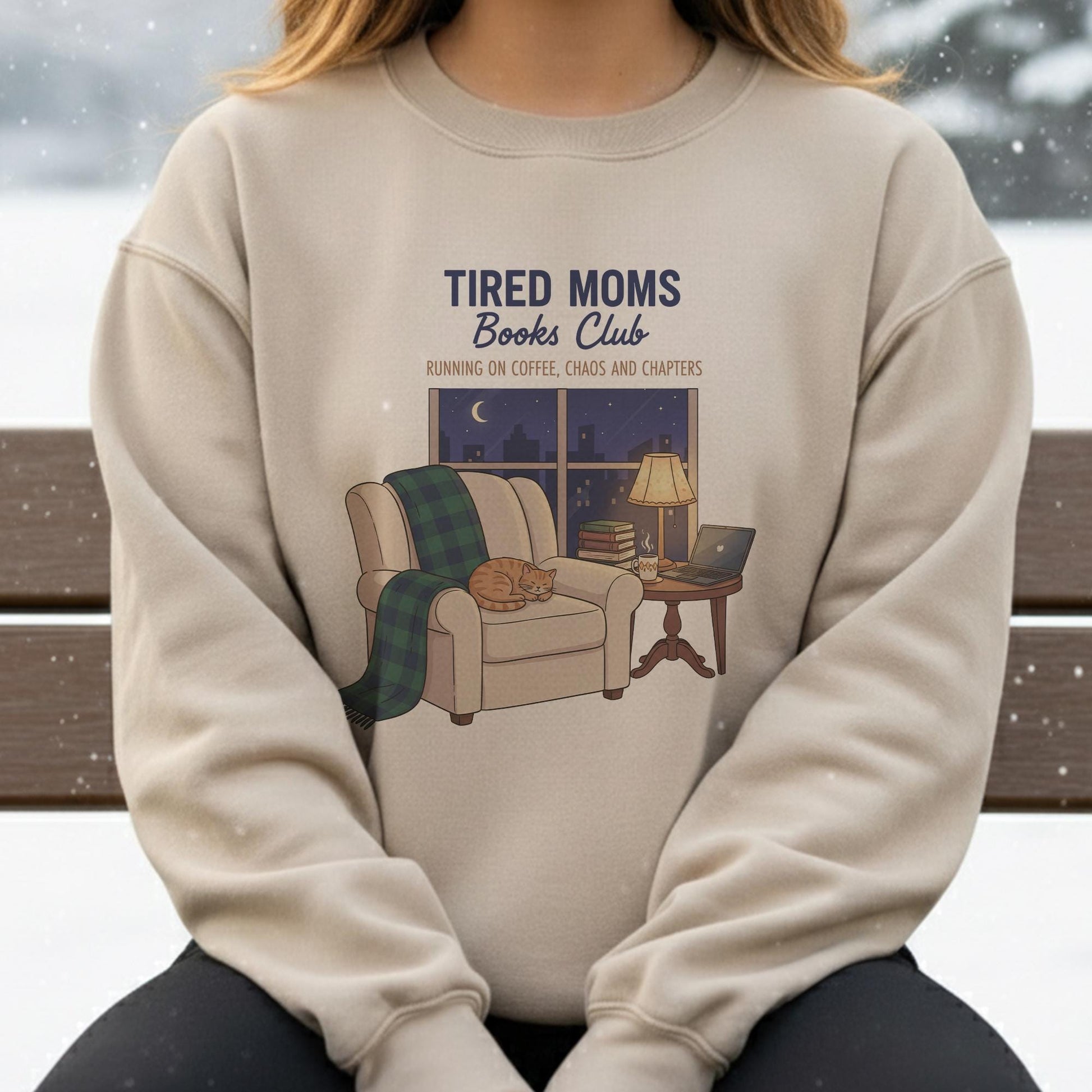 Tired Moms Book Club Sweatshirt: Cat & Coffee Graphic, Cozy Reading Apparel image 2