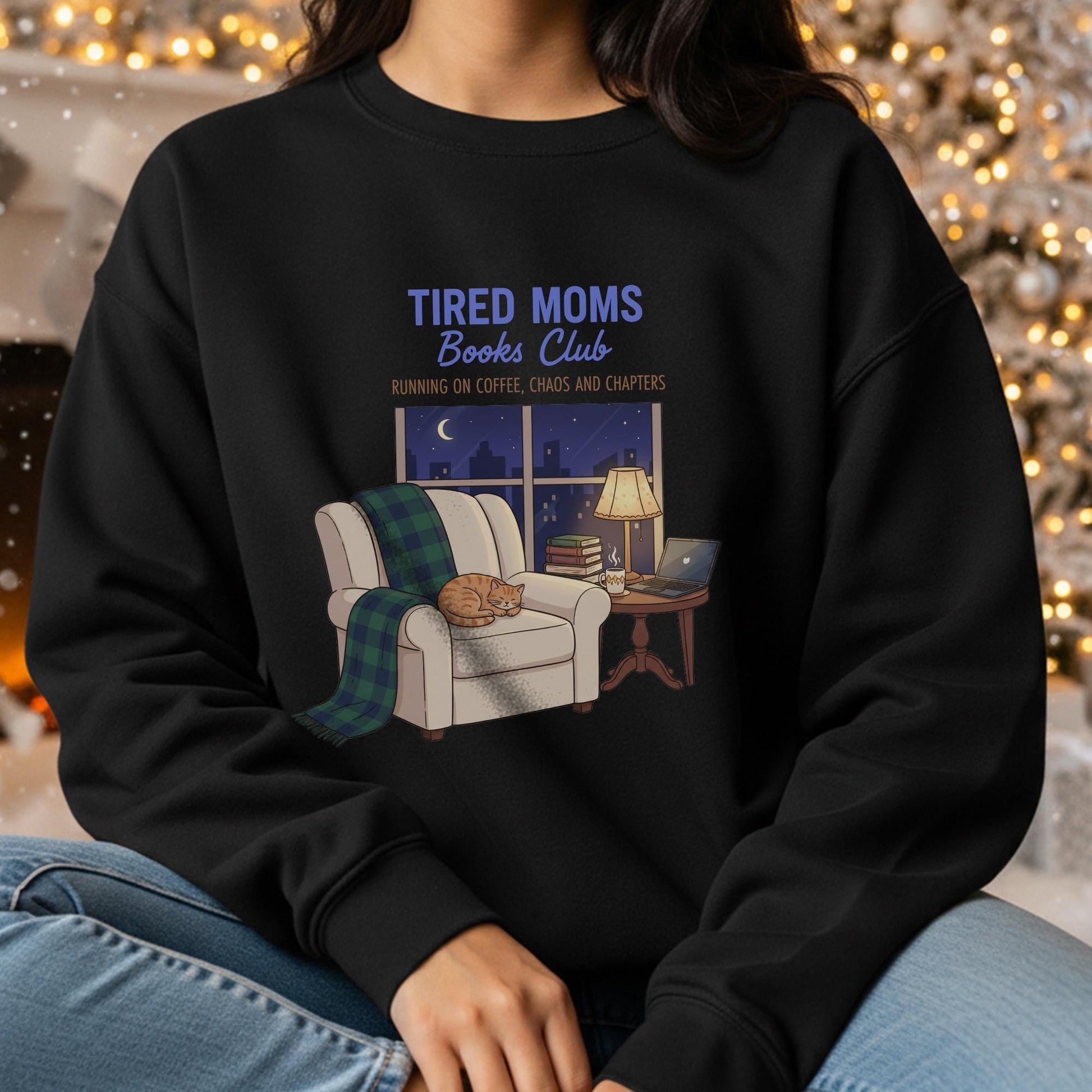 Tired Moms Book Club Sweatshirt: Cat & Coffee Graphic, Cozy Reading Apparel image 9