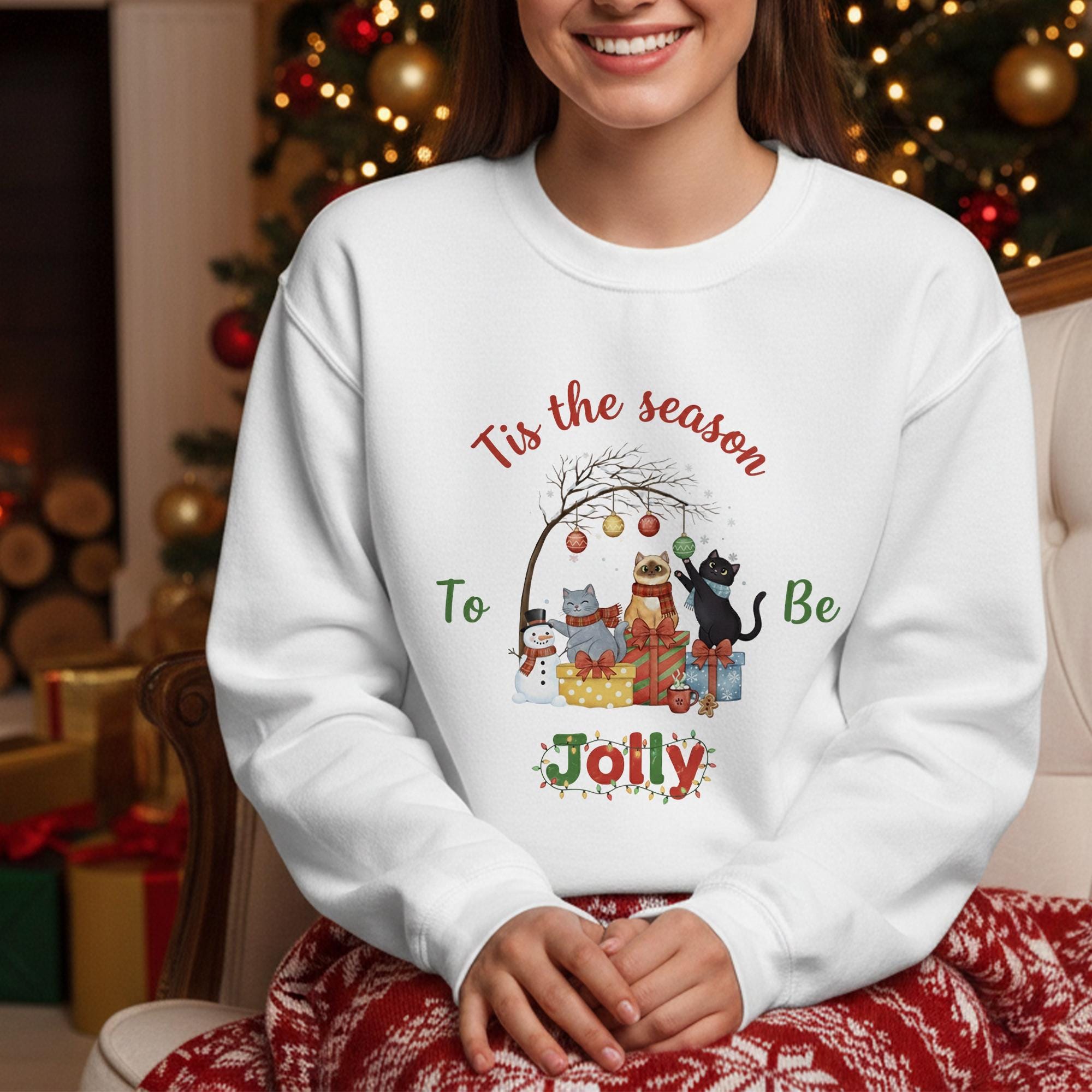 Christmas Cat Crewneck Sweatshirt: Festive Holiday Apparel with "Tis the Season" Graphic for Cat Lovers image 1