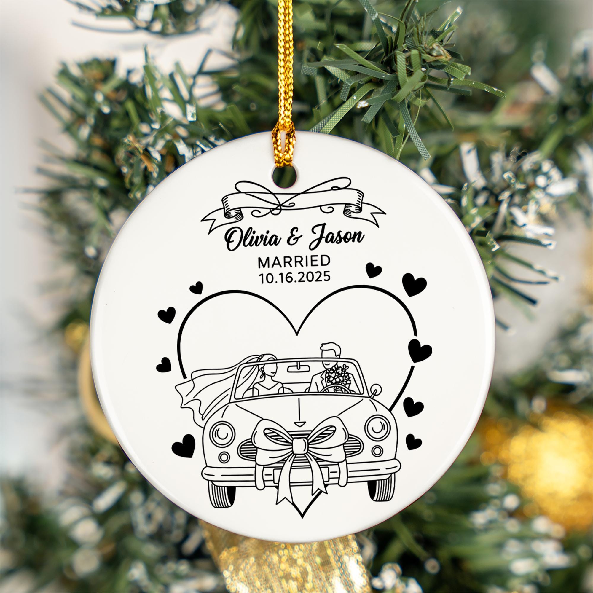 Personalized Ceramic Wedding Ornament: First Christmas Married Keepsake with Just Married Car Graphic image 4