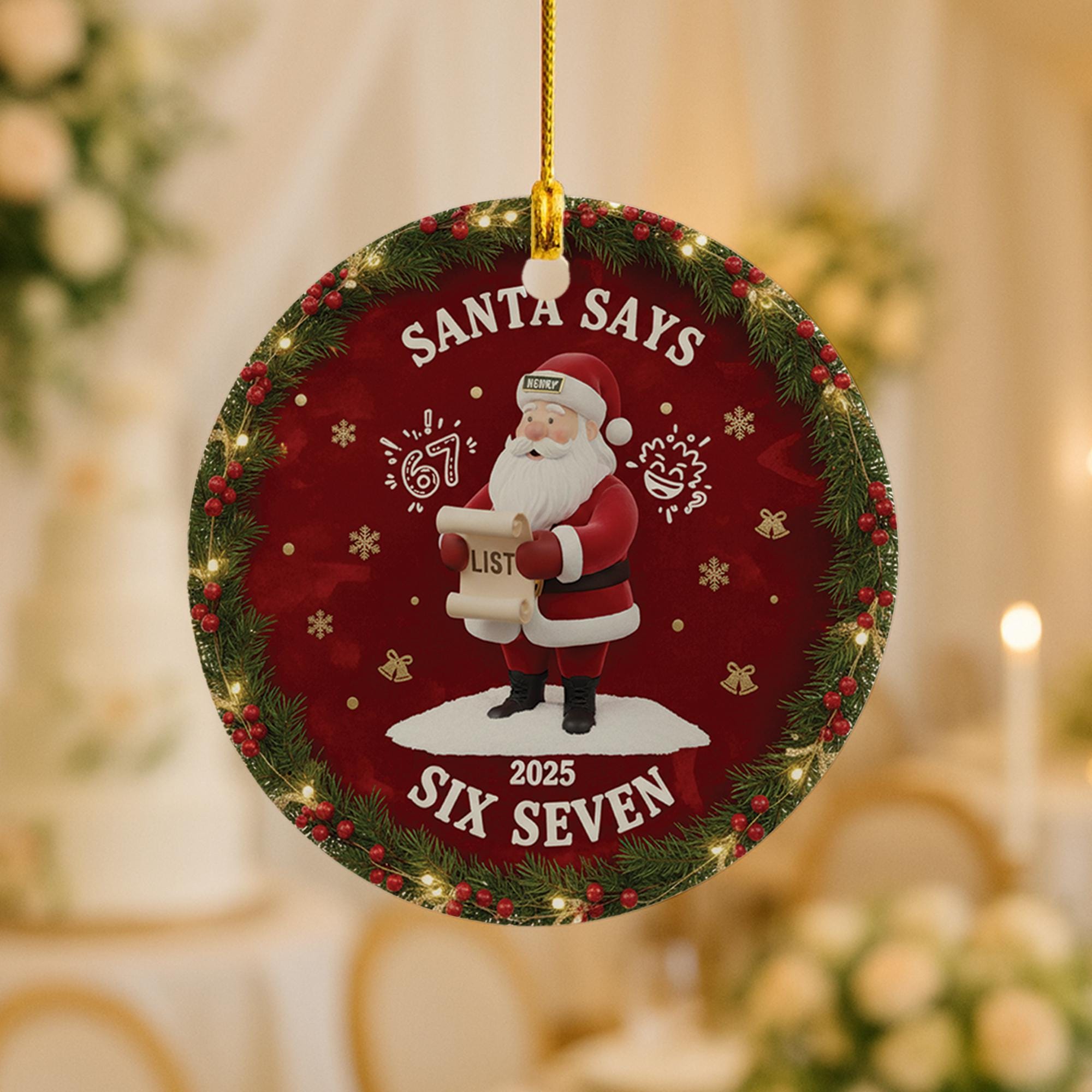 Personalized Ceramic Santa Ornament: Funny "Six Seven" Slang Meme, 2025 Novelty Holiday Decor image 1