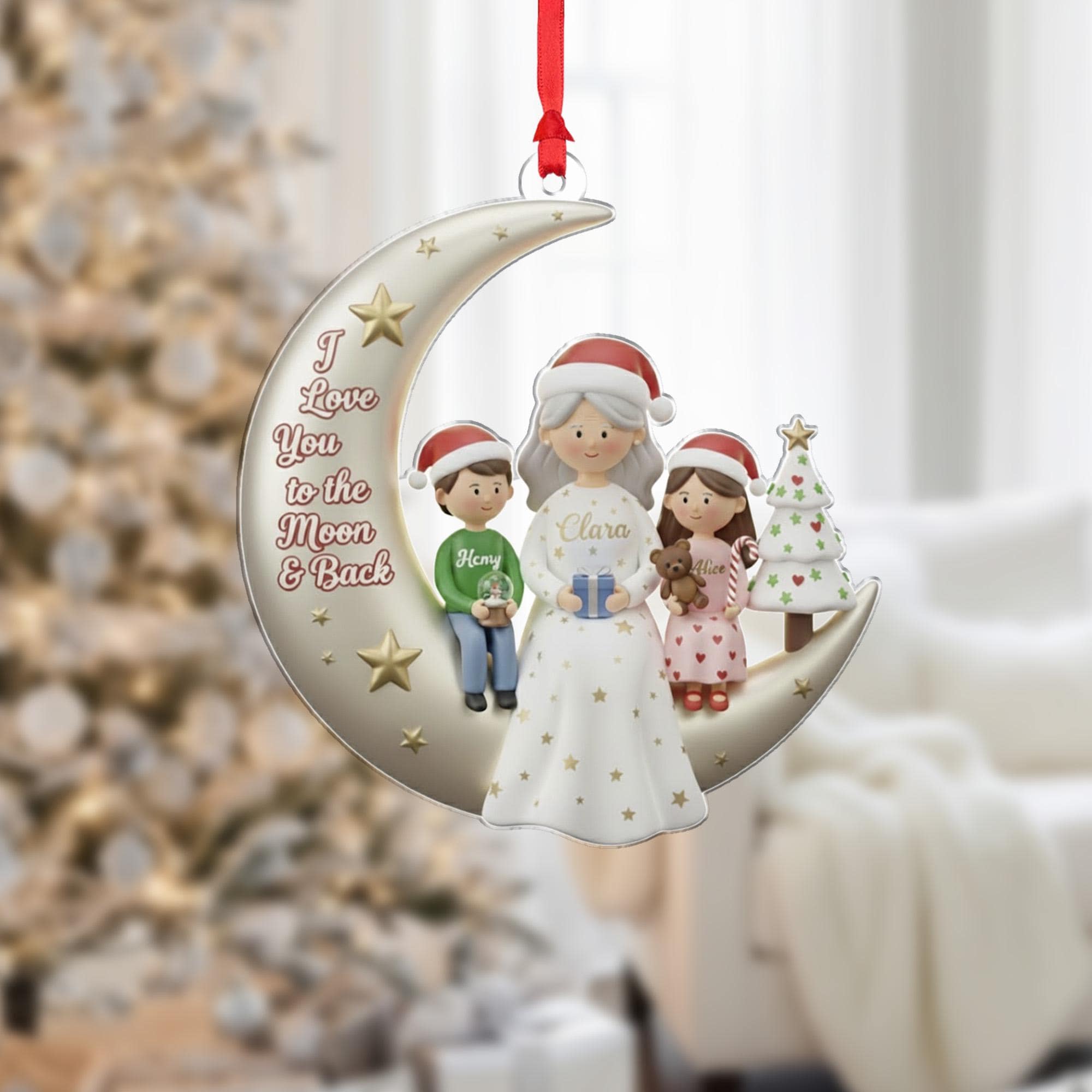 Personalized Acrylic Ornament: Grandma and Grandchildren Keepsake with Crescent Moon Design, Custom Names image 1