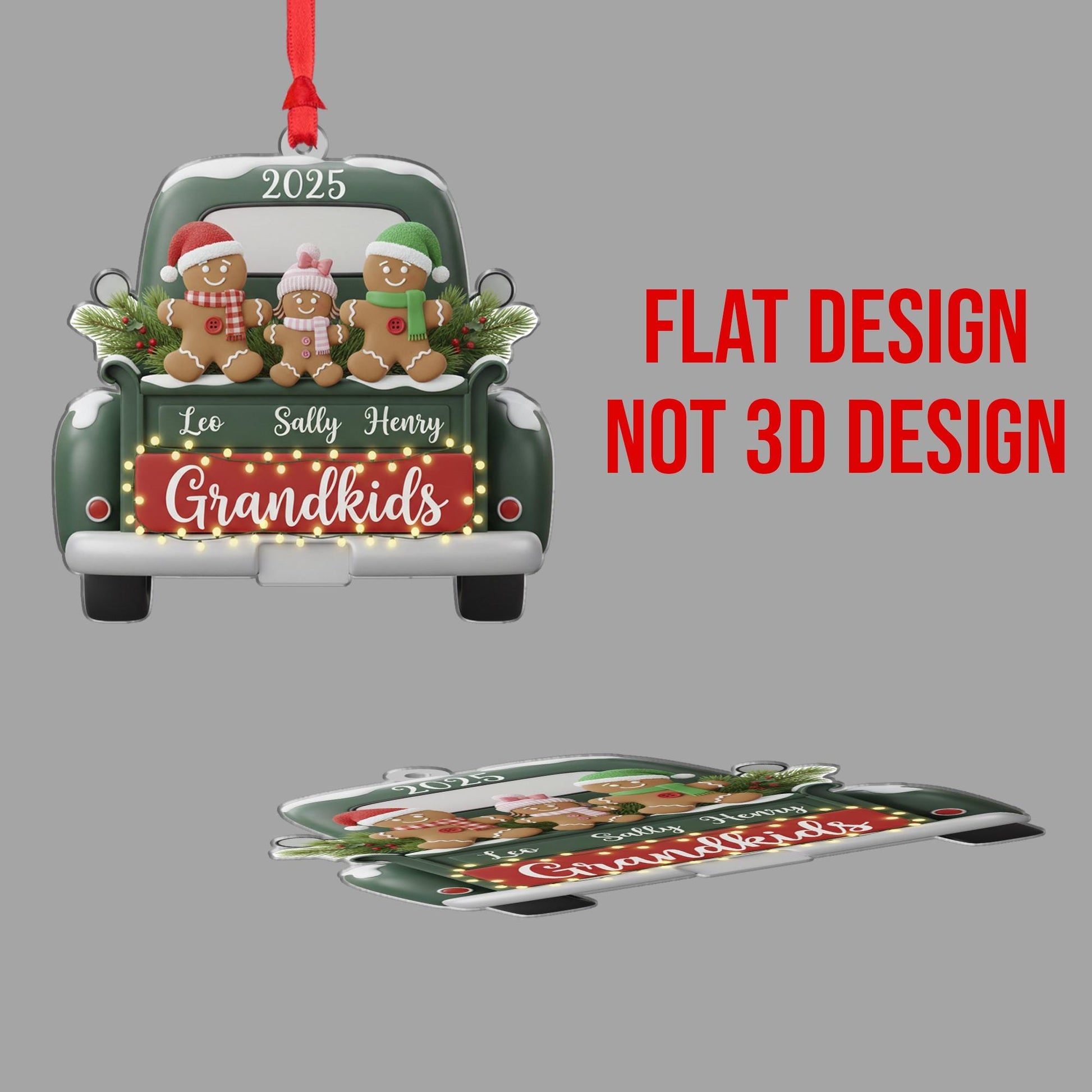 Personalized Acrylic Grandkids Ornament: 2025 Christmas Keepsake with Gingerbread Family, Vintage Green Truck image 4