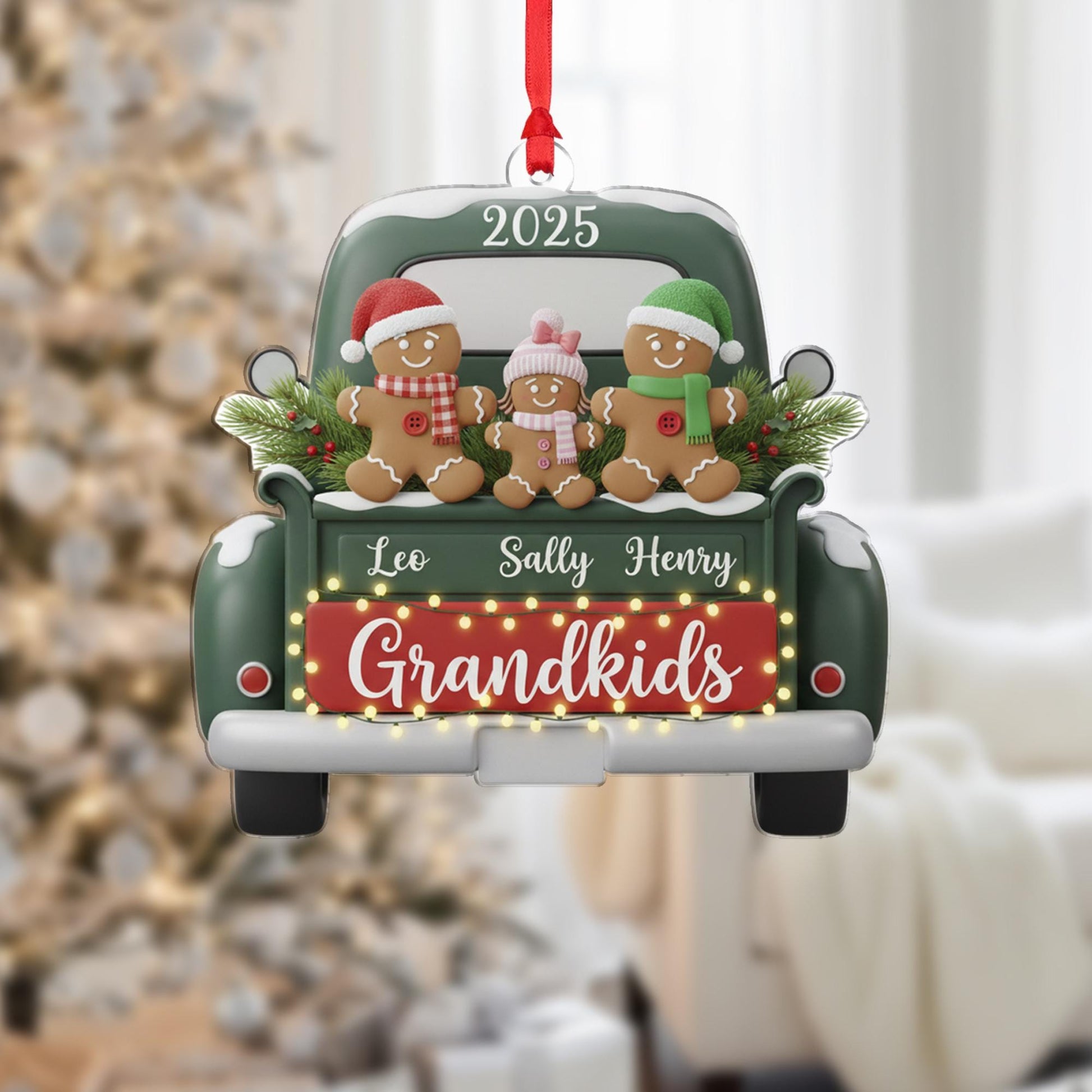 Personalized Acrylic Grandkids Ornament: 2025 Christmas Keepsake with Gingerbread Family, Vintage Green Truck image 1