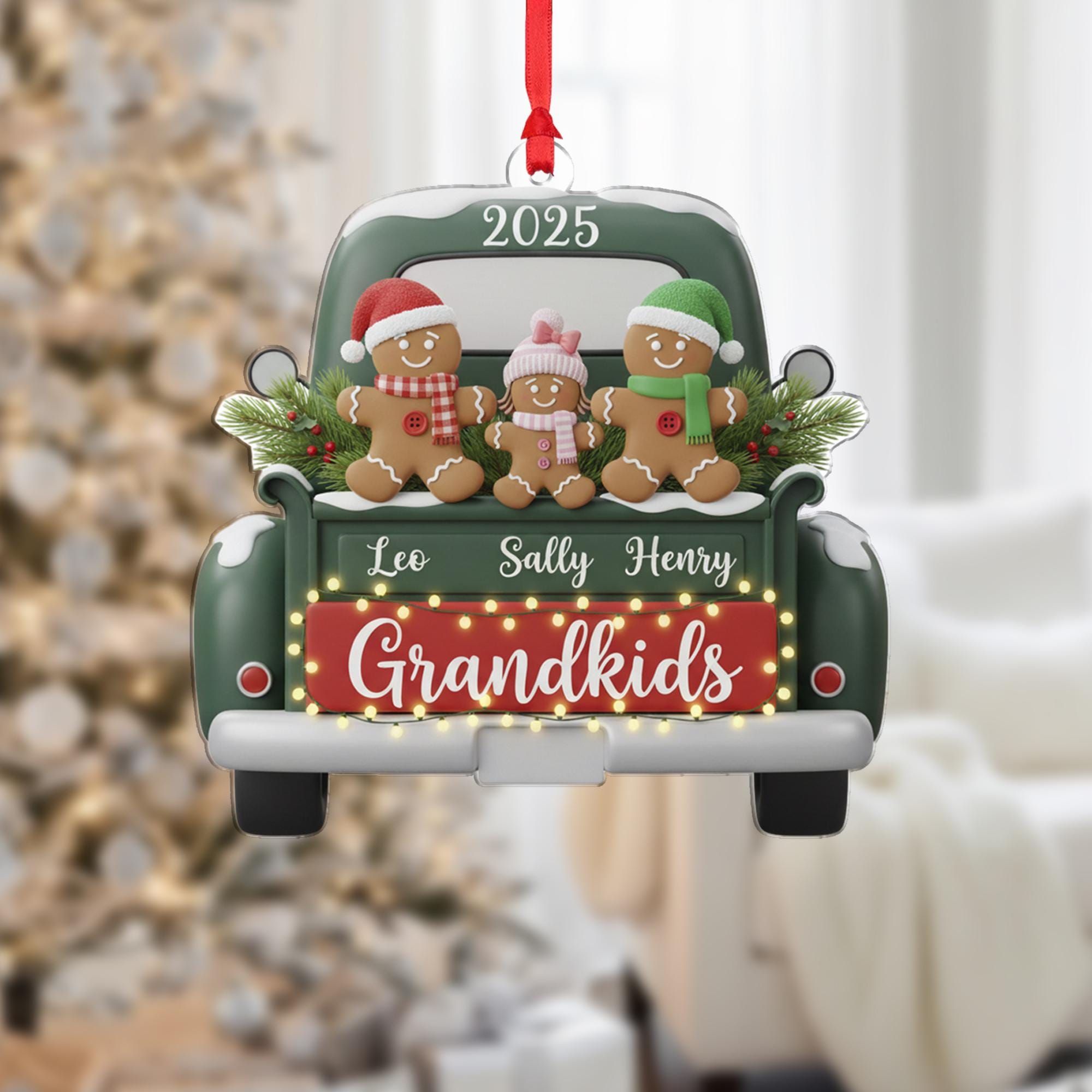 Personalized Acrylic Grandkids Ornament: 2025 Christmas Keepsake with Gingerbread Family, Vintage Green Truck image 1