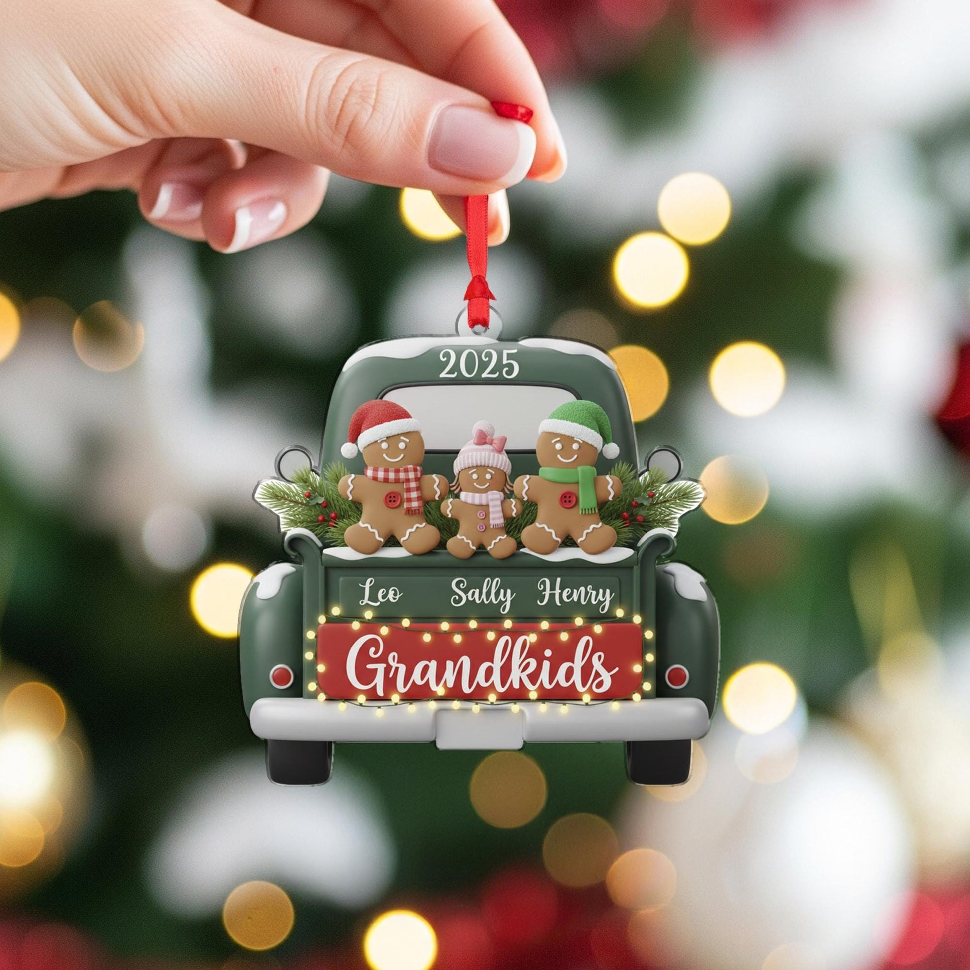 Personalized Acrylic Grandkids Ornament: 2025 Christmas Keepsake with Gingerbread Family, Vintage Green Truck image 5