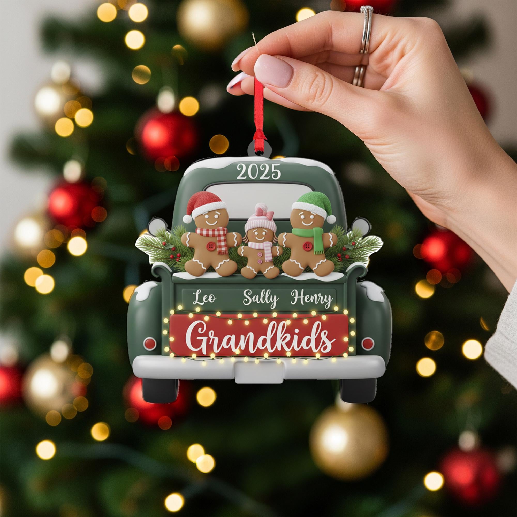 Personalized Acrylic Grandkids Ornament: 2025 Christmas Keepsake with Gingerbread Family, Vintage Green Truck image 7