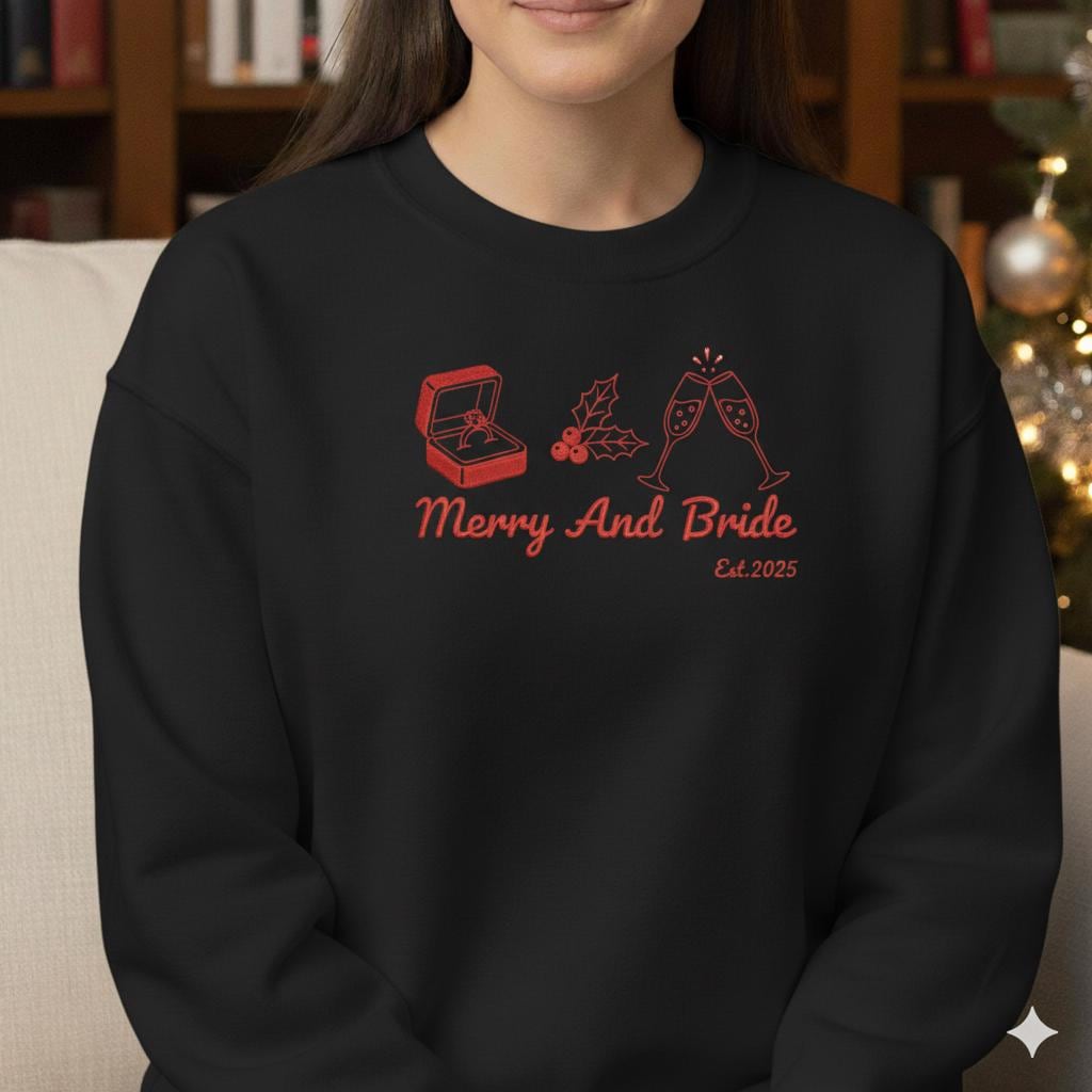 Merry And Bride Crewneck Sweatshirt: Festive Fiancée Apparel for Christmas Engagement, Holiday Bride-to-Be Top image 3