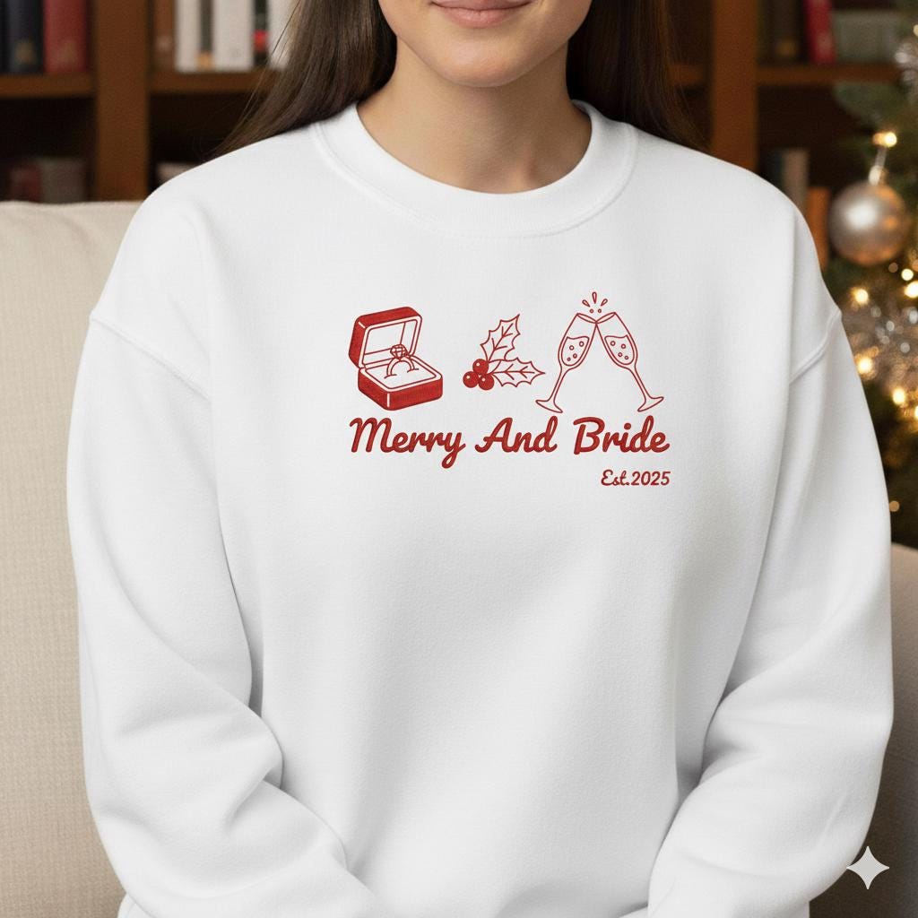 Merry And Bride Crewneck Sweatshirt: Festive Fiancée Apparel for Christmas Engagement, Holiday Bride-to-Be Top image 2