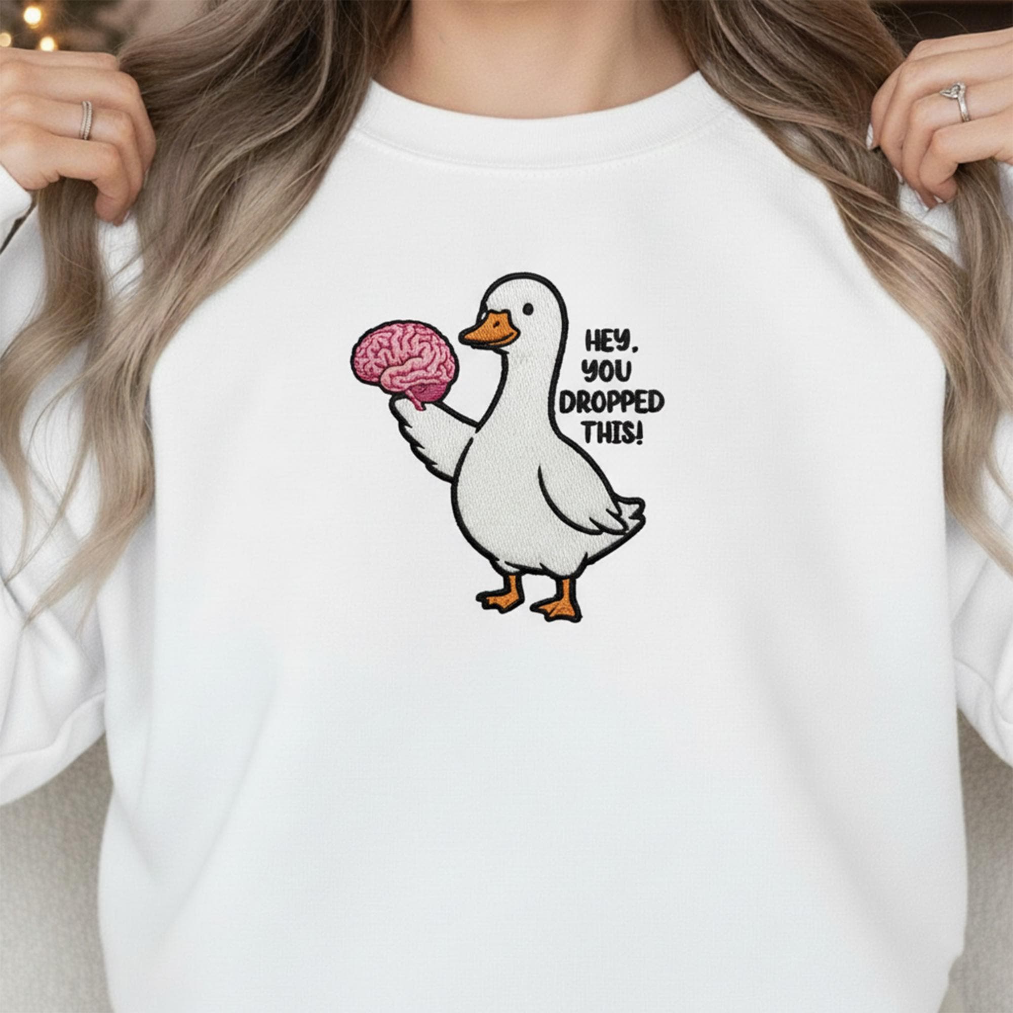 Embroidered Crewneck Sweatshirt: Funny Goose Meme Apparel with "Hey, You Dropped This" Sarcastic Quote image 2