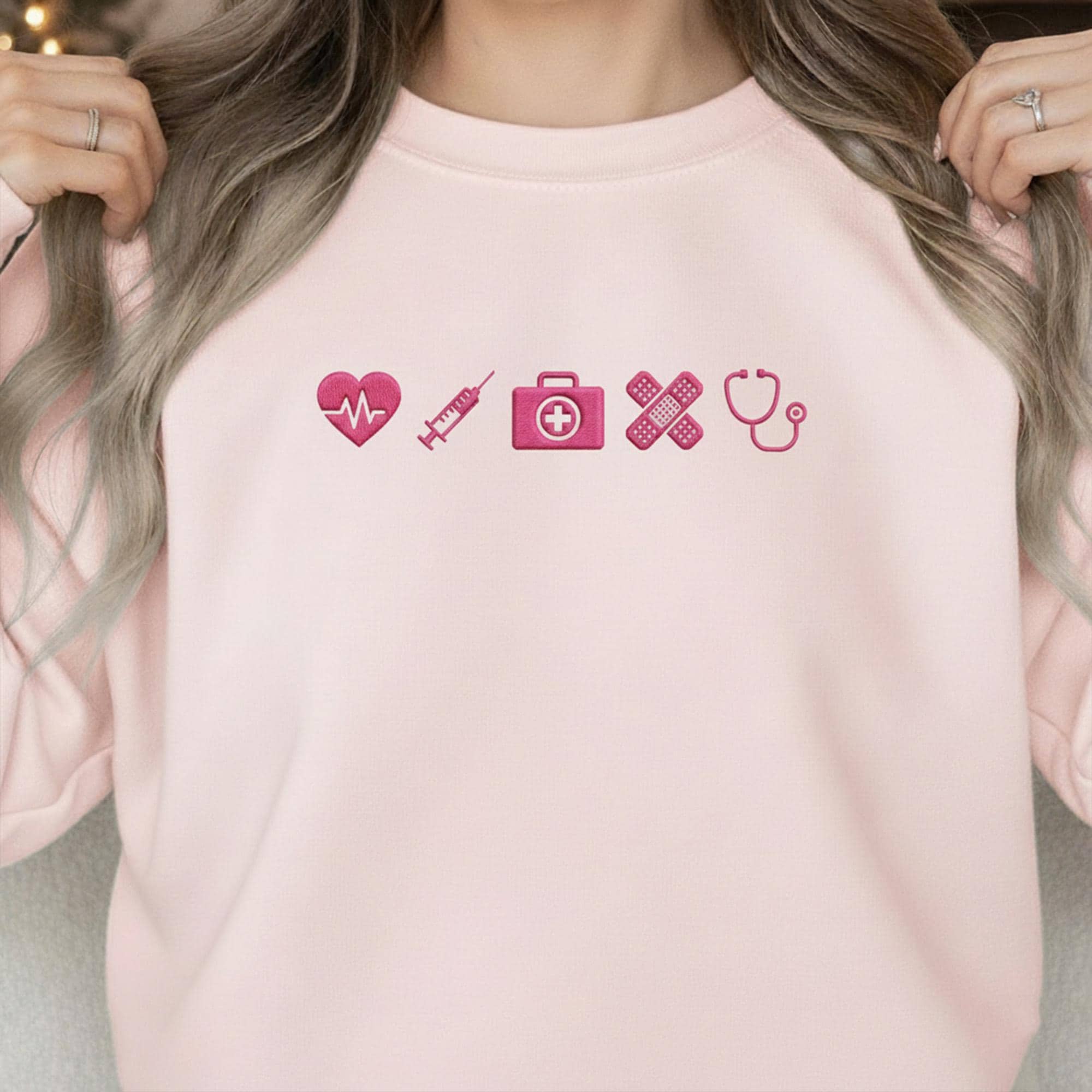 Embroidered Nurse Sweatshirt: Medical Icon Apparel with Pink Stethoscope and EKG Graphics for RNs image 1