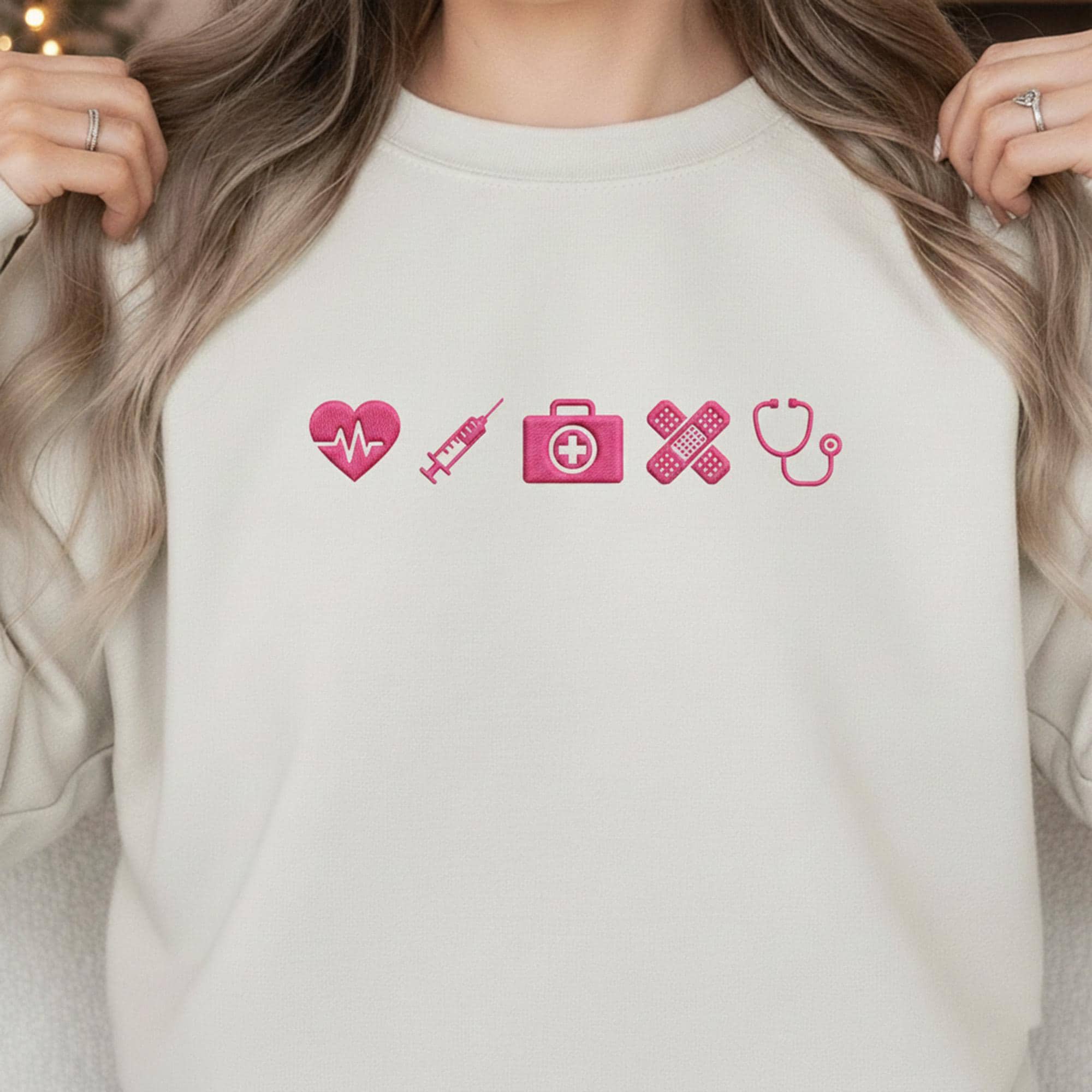 Embroidered Nurse Sweatshirt: Medical Icon Apparel with Pink Stethoscope and EKG Graphics for RNs image 2