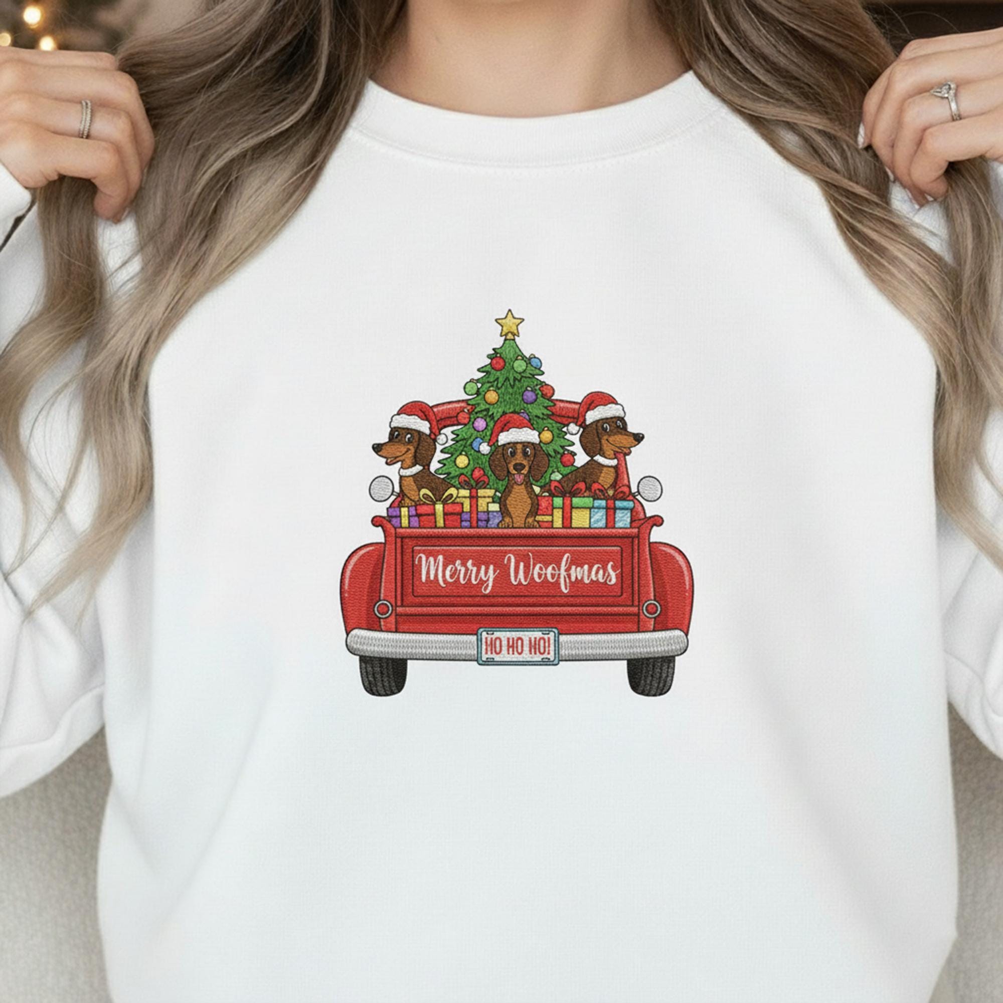 Embroidered Crewneck Sweatshirt: "Merry Woofmas" Dachshund Graphic, Festive Holiday Apparel for Dog Lovers image 2