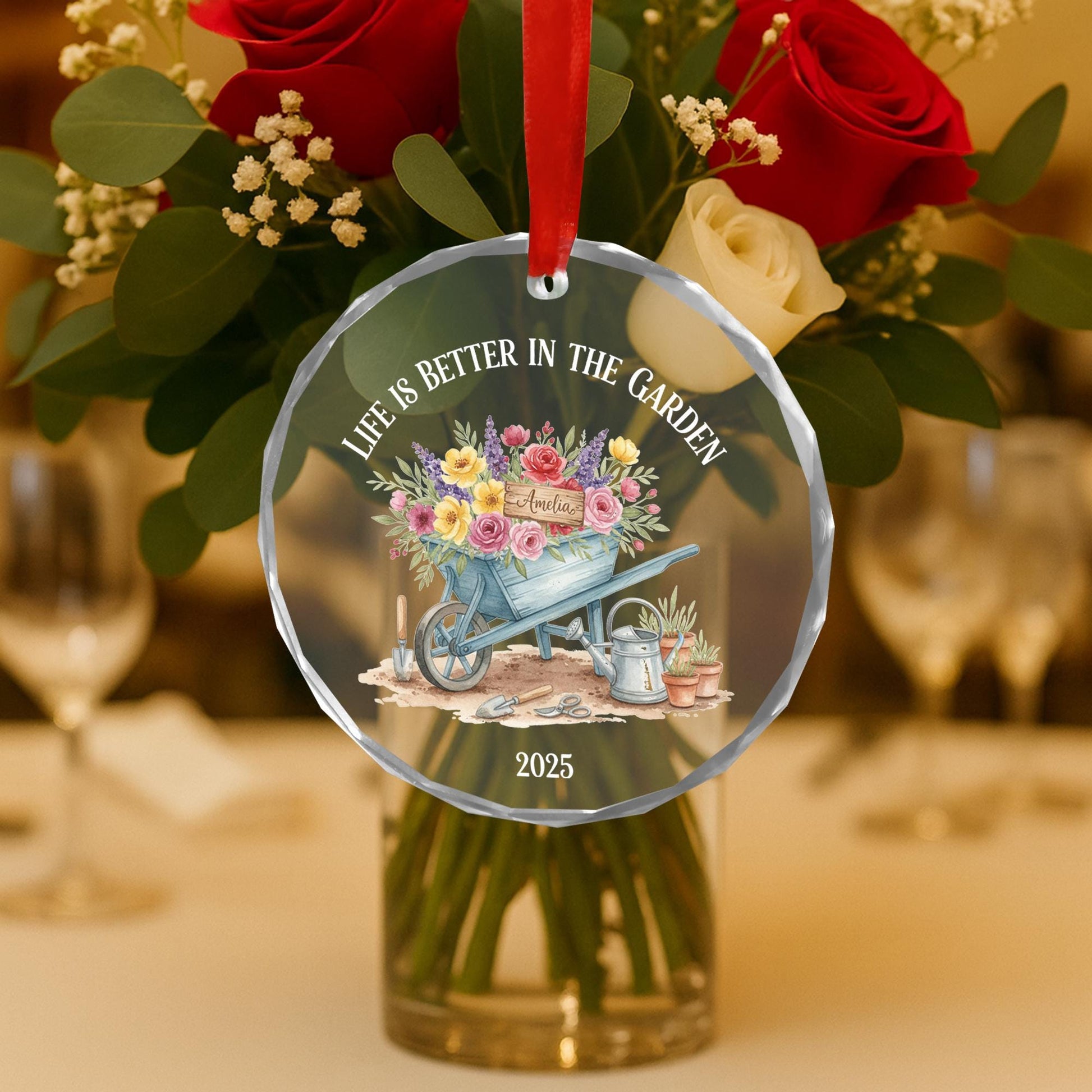 Garden Cart Floral Ornament – Personalised Wheelbarrow Flowers Glass Decoration 2025 image 4