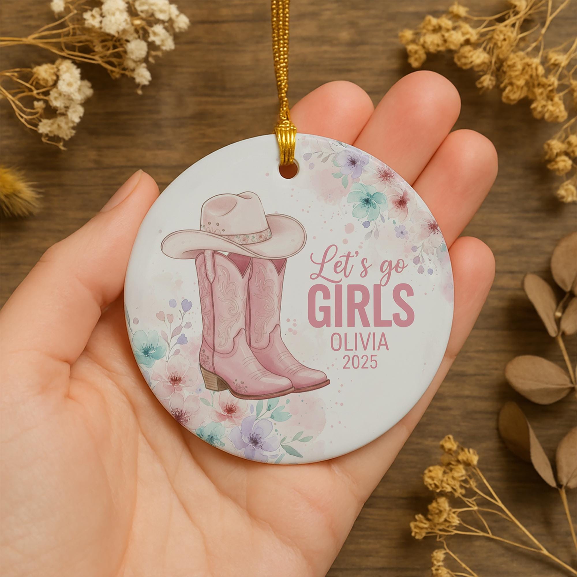 Pink Western Cowgirl Boots & Hat Ceramic Ornament – “Let’s Go Girls” Floral Country Decor image 6