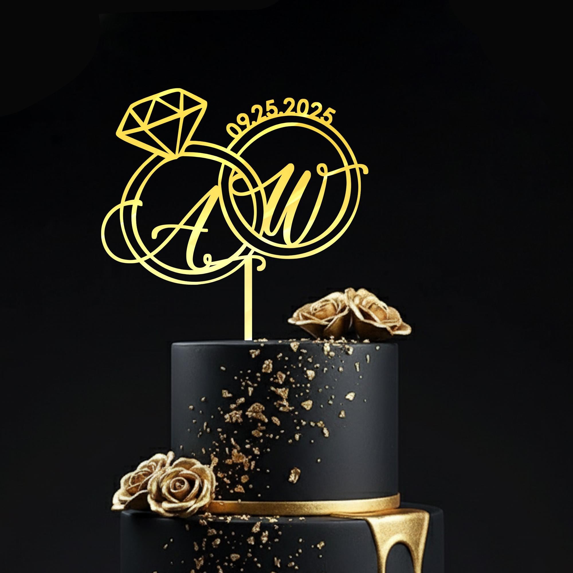 Custom Initials Wedding Cake Topper – Personalized Engagement Ring Topper with Date image 1