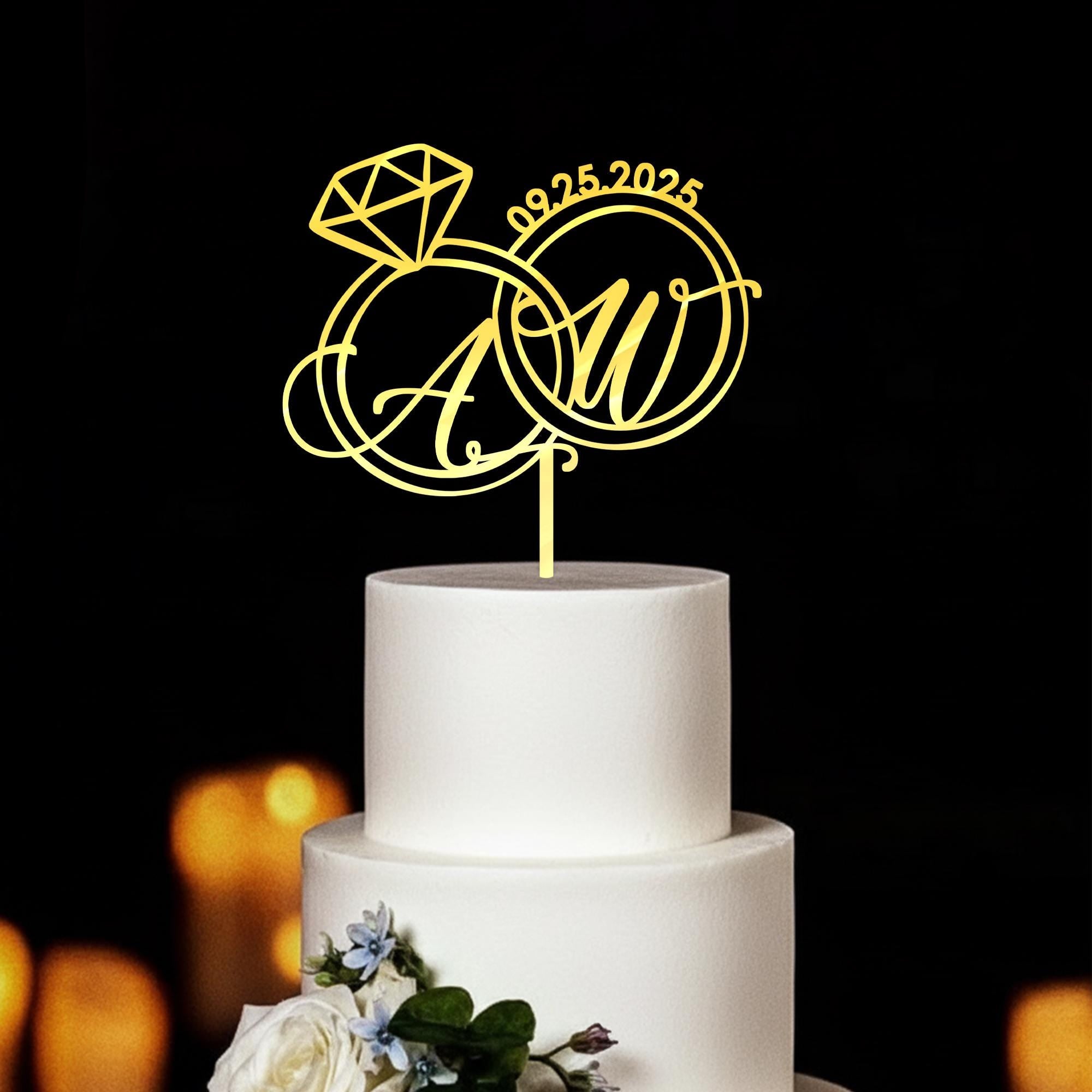 Custom Initials Wedding Cake Topper – Personalized Engagement Ring Topper with Date image 4