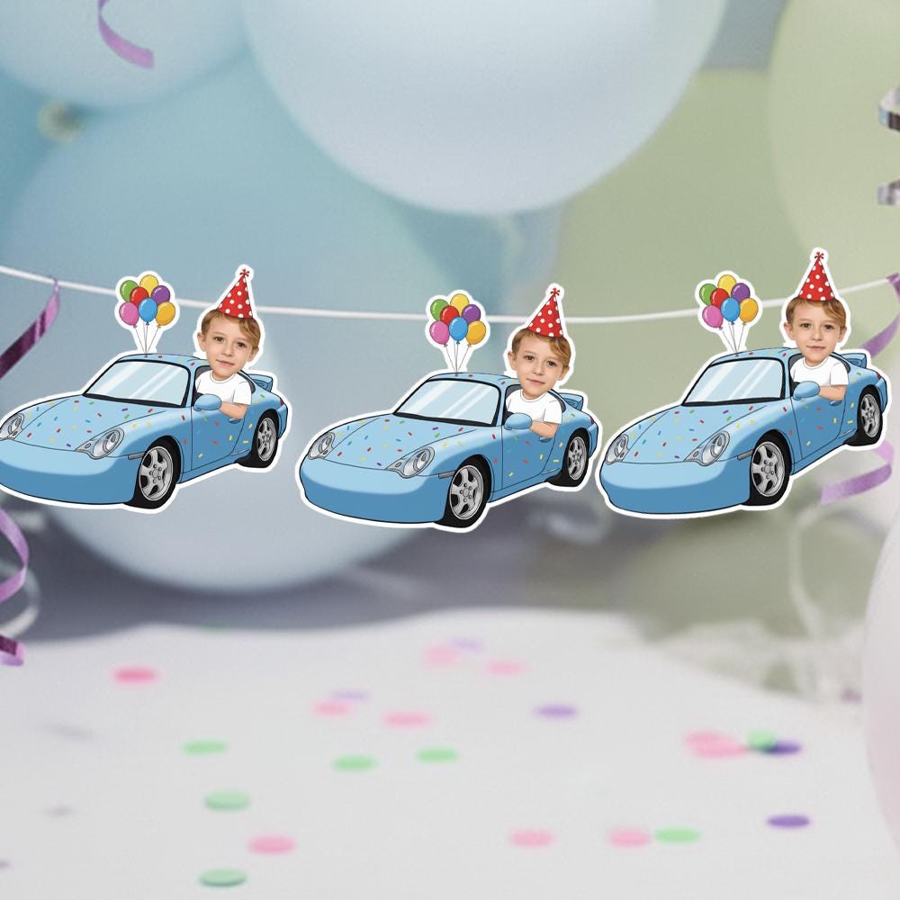 Custom Face Car Birthday Banner – Personalized Photo Party Decoration image 2