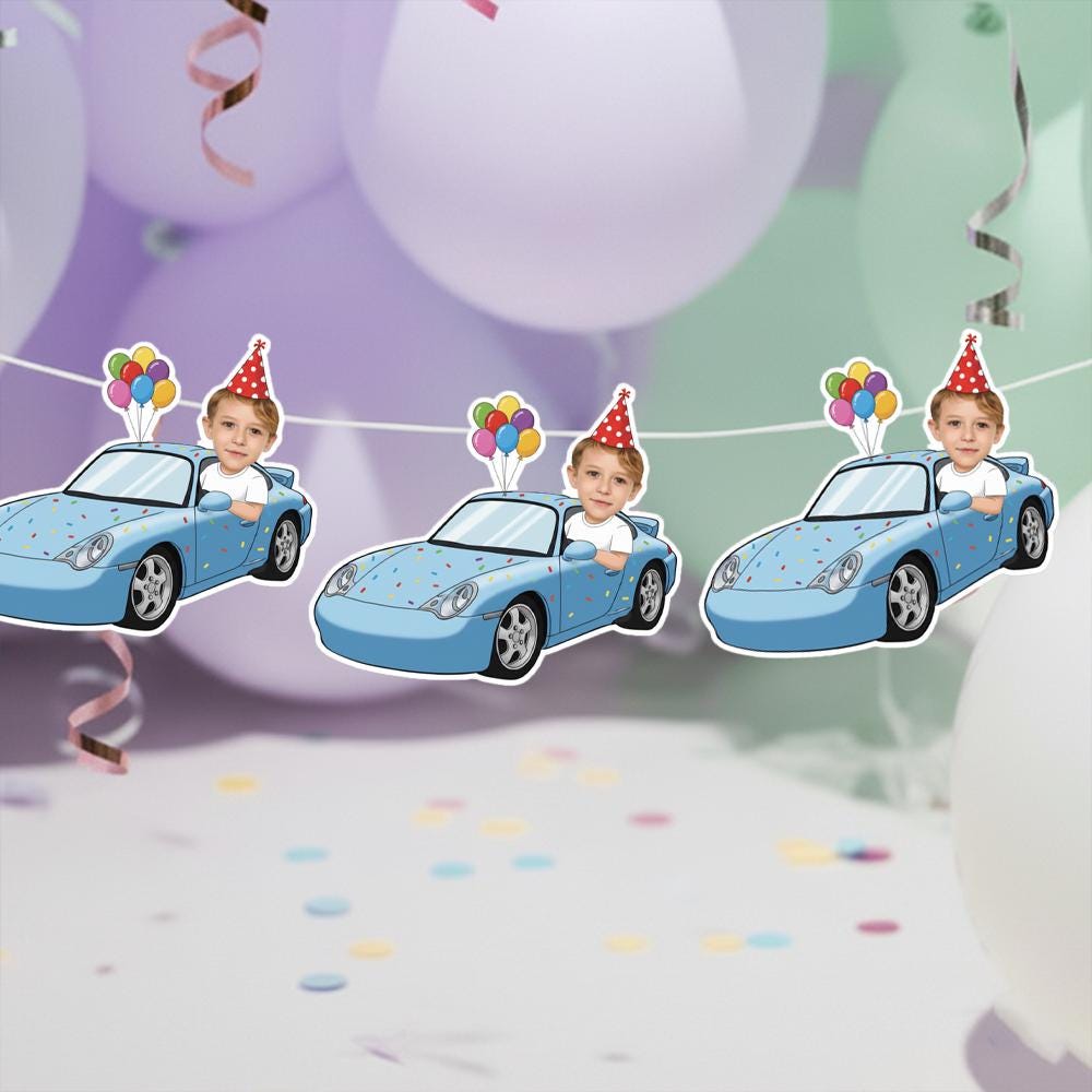 Custom Face Car Birthday Banner – Personalized Photo Party Decoration image 3