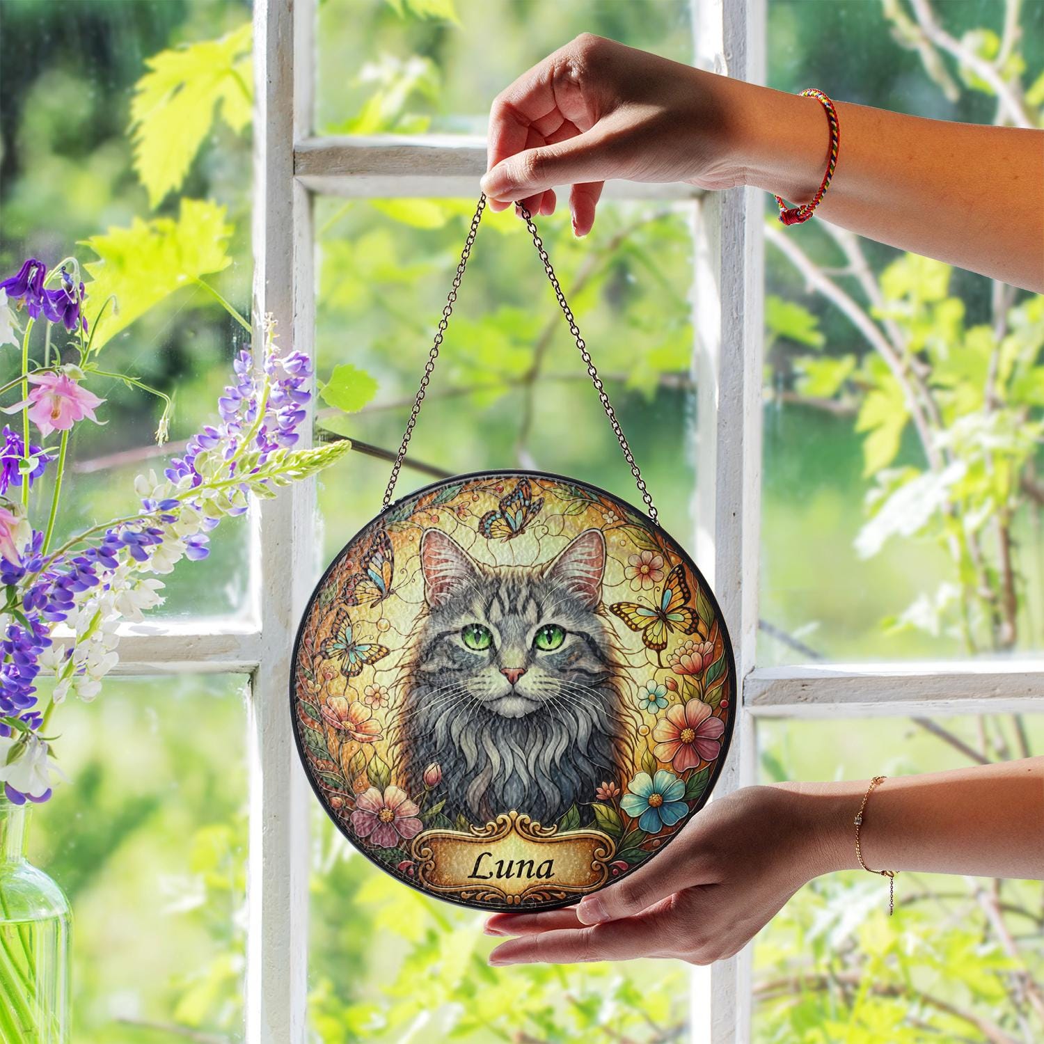 Custom Cat Portrait Suncatcher – Personalized Pet Memorial Glass Ornament Suncatcher image 1