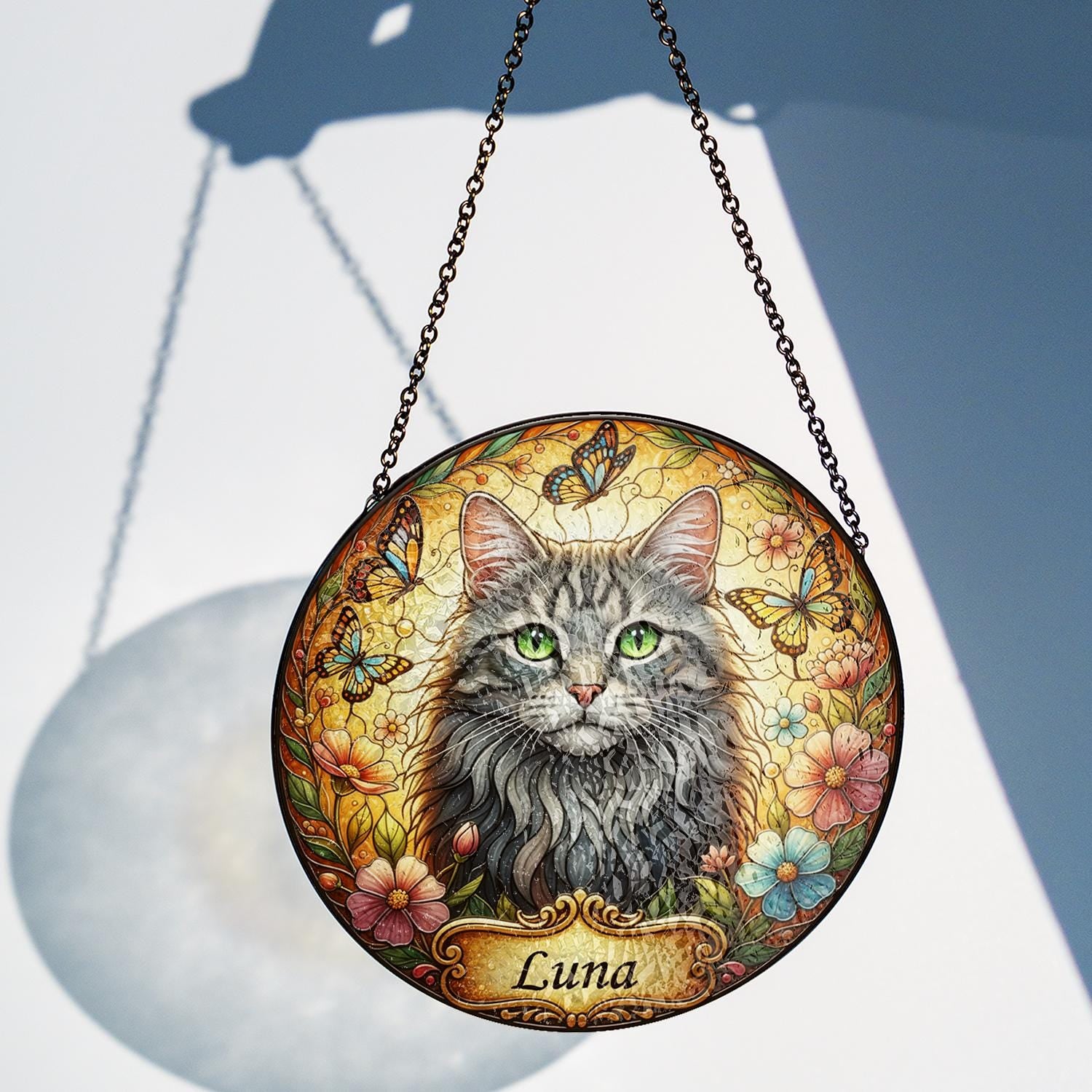 Custom Cat Portrait Suncatcher – Personalized Pet Memorial Glass Ornament Suncatcher image 2