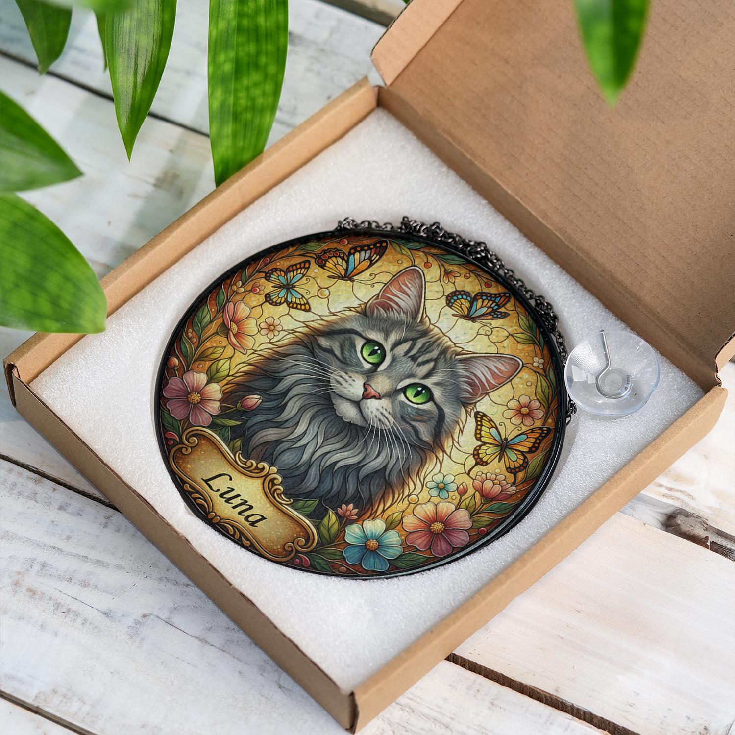 Custom Cat Portrait Suncatcher – Personalized Pet Memorial Glass Ornament Suncatcher image 3