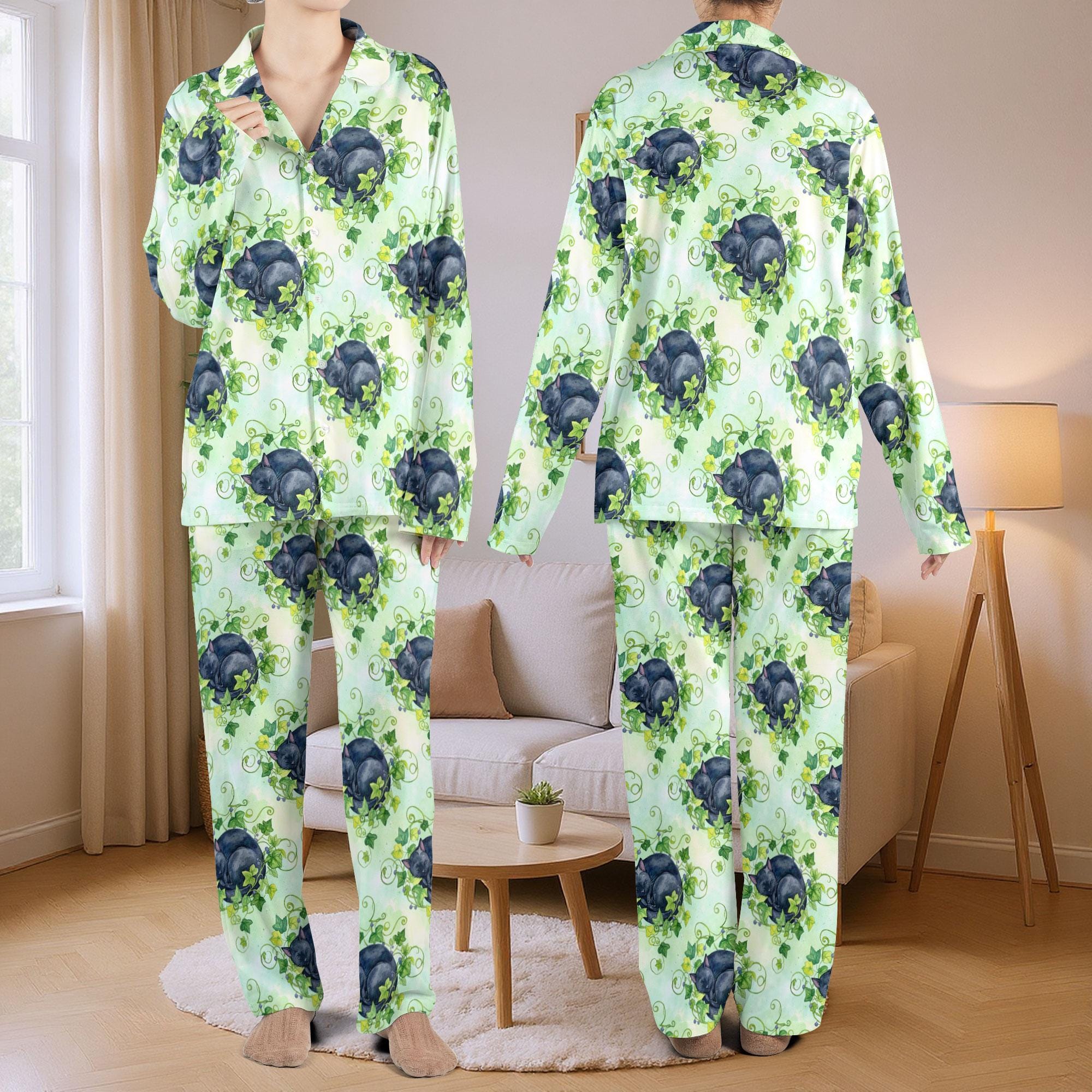 Black Cat with Ivy Plant Satin Pajama Set: Sleepwear for Cat Lovers image 1