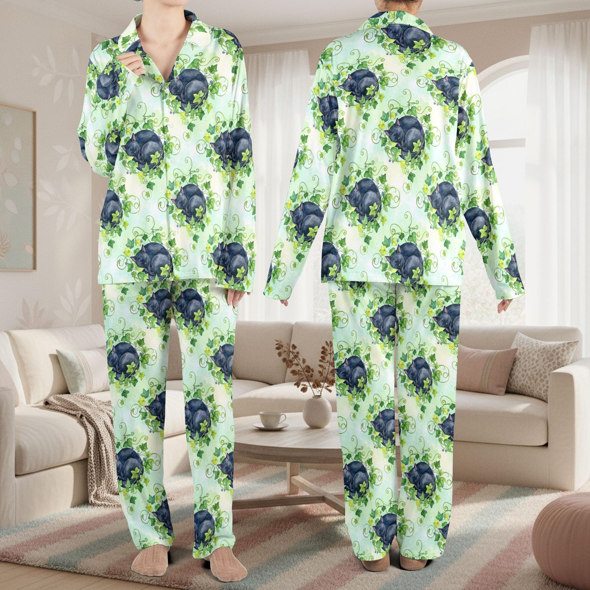 Black Cat with Ivy Plant Satin Pajama Set: Sleepwear for Cat Lovers image 2