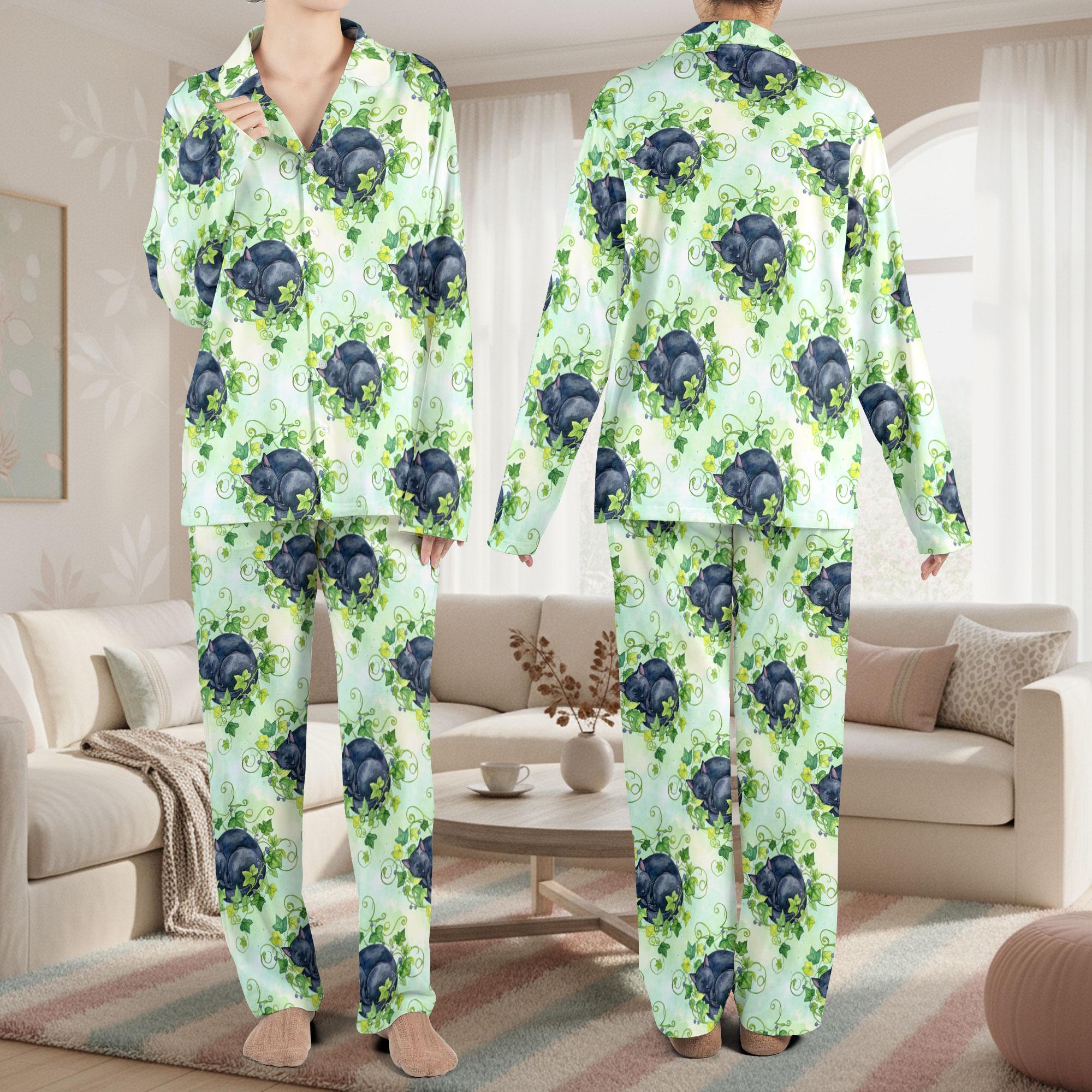 Black Cat with Ivy Plant Satin Pajama Set: Sleepwear for Cat Lovers image 2