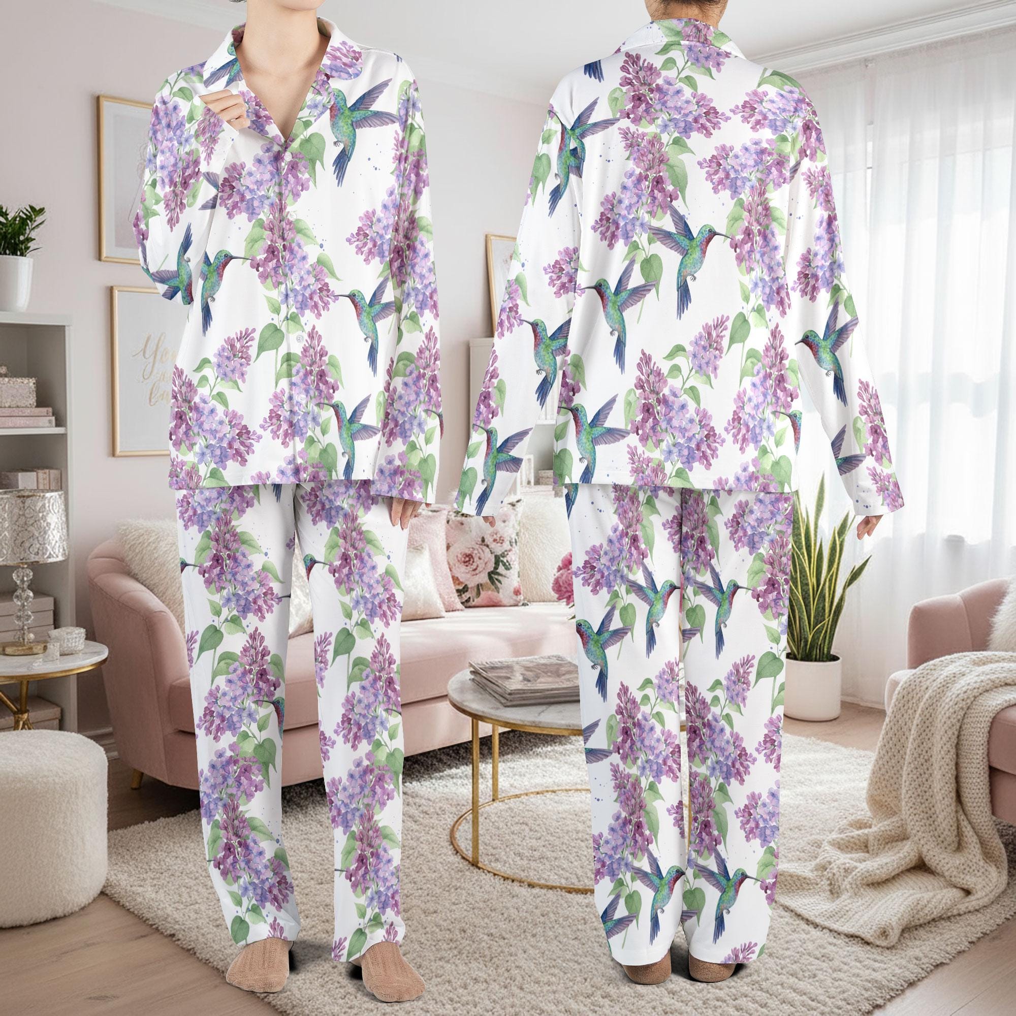 Hummingbird with Lilac Satin Pajama Set: Floral Sleepwear for Women image 1