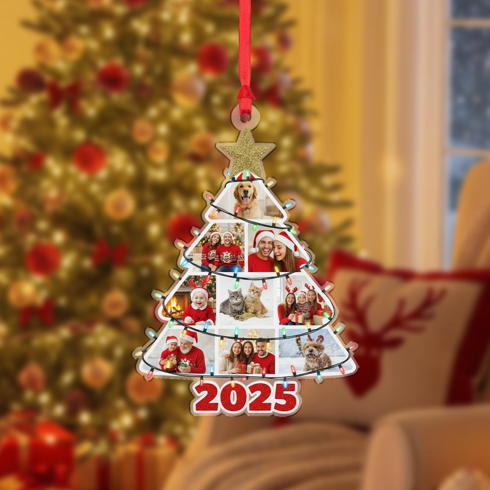 Personalised 2025 Tree-Shape Photo Ornament with Ribbon and Glitter Star image 3