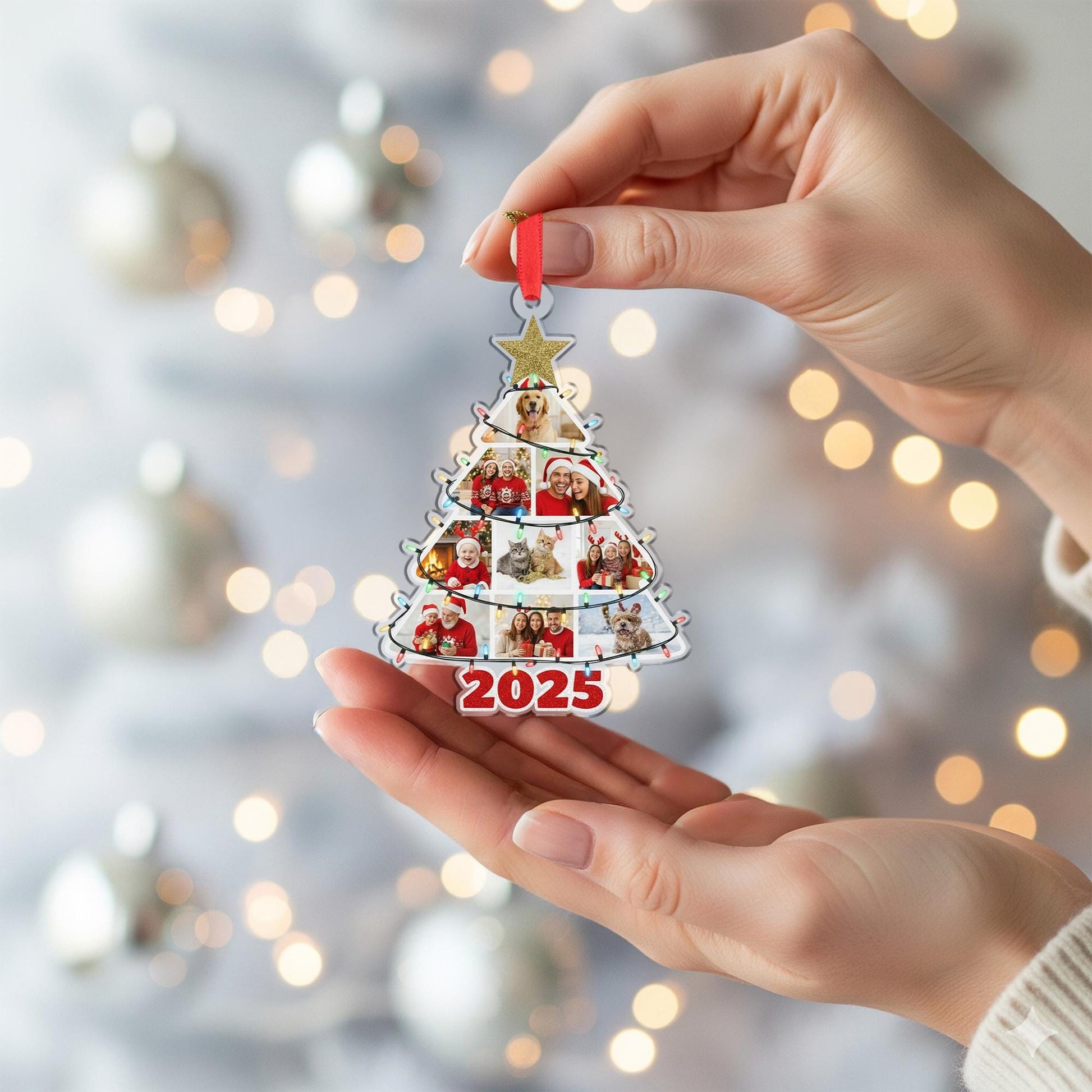 Personalised 2025 Tree-Shape Photo Ornament with Ribbon and Glitter Star image 6