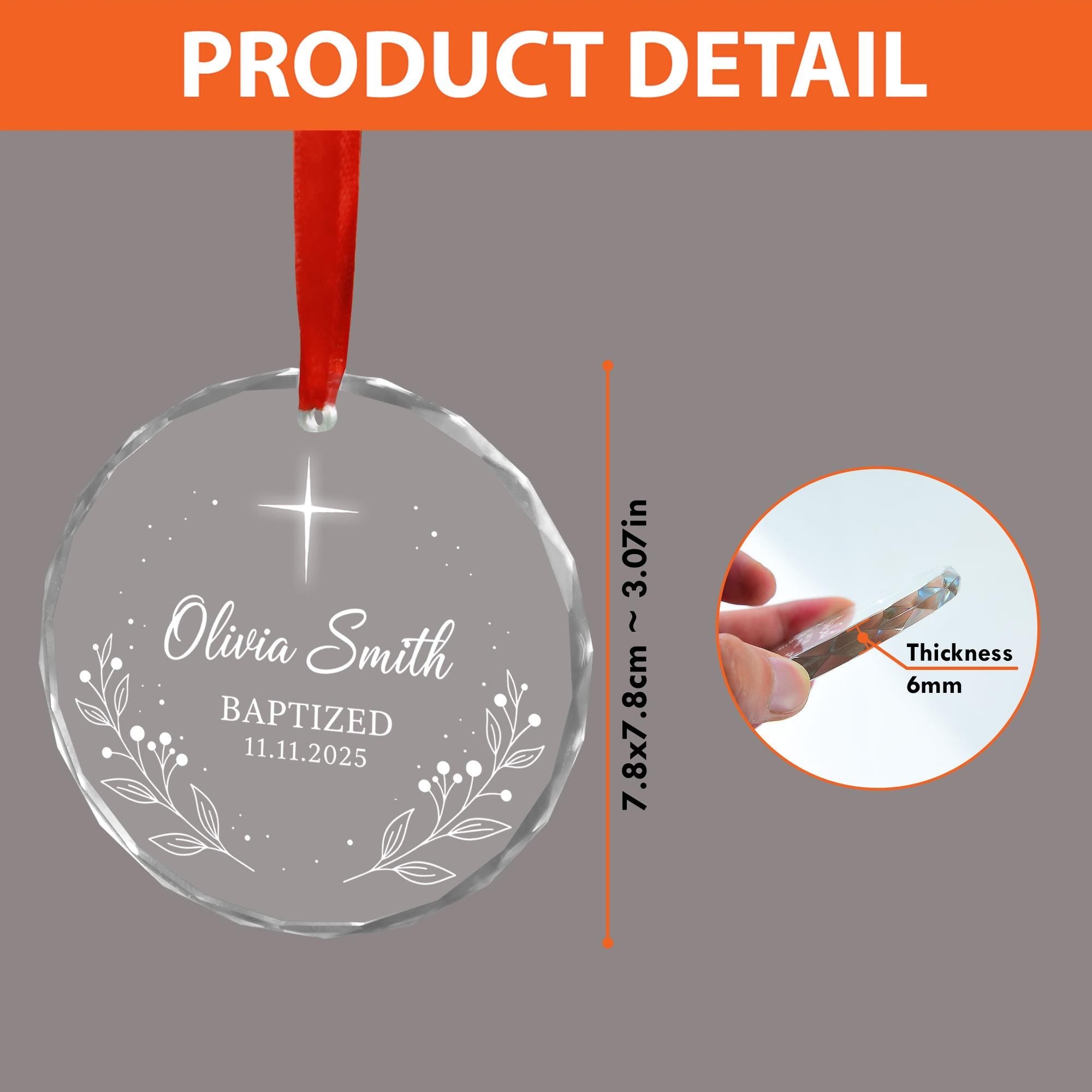 Personalised Glass Round Ornament Baptism Date & Name - Hanging Decor image 5