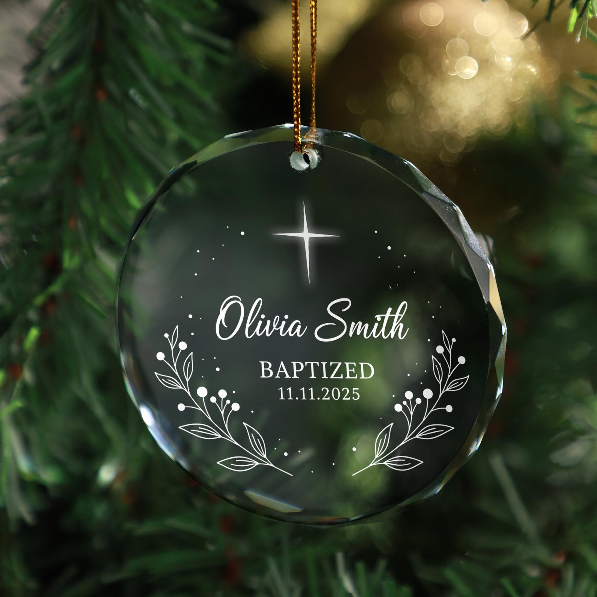 Personalised Glass Round Ornament Baptism Date & Name - Hanging Decor image 2