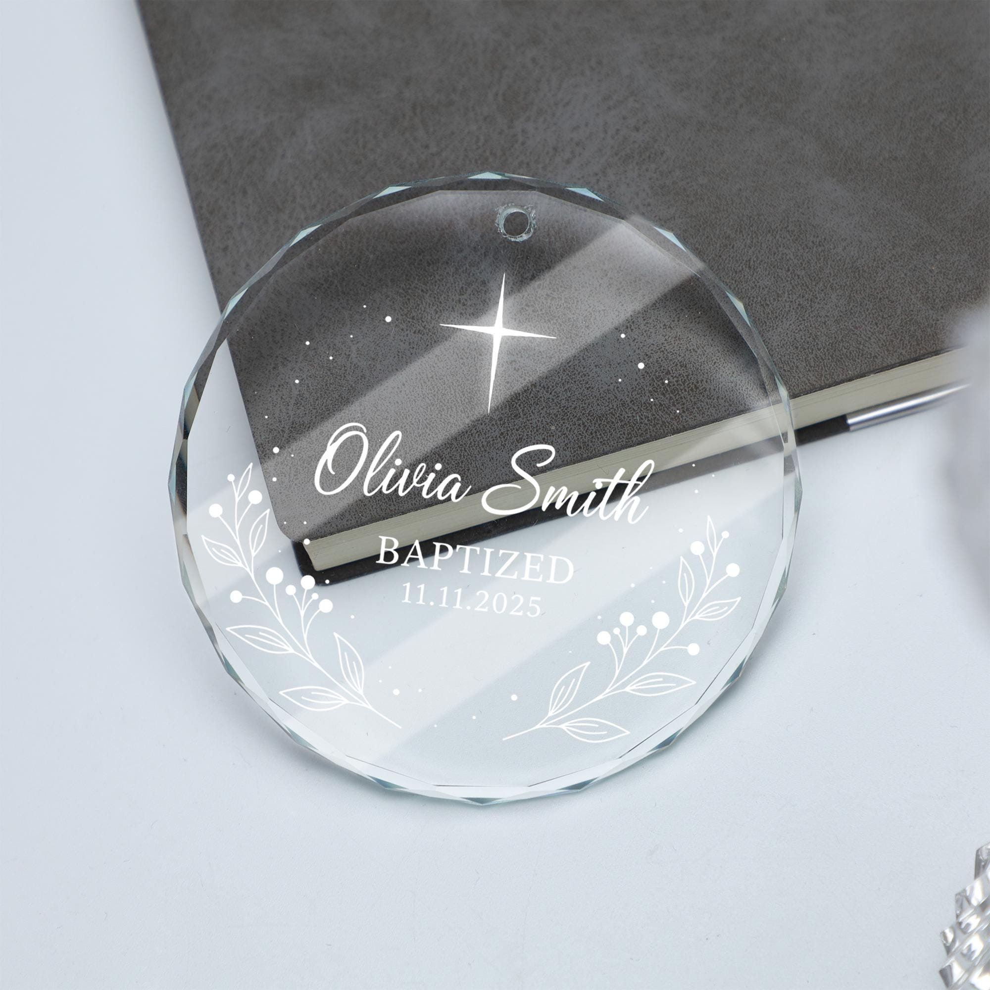 Personalised Glass Round Ornament Baptism Date & Name - Hanging Decor image 3