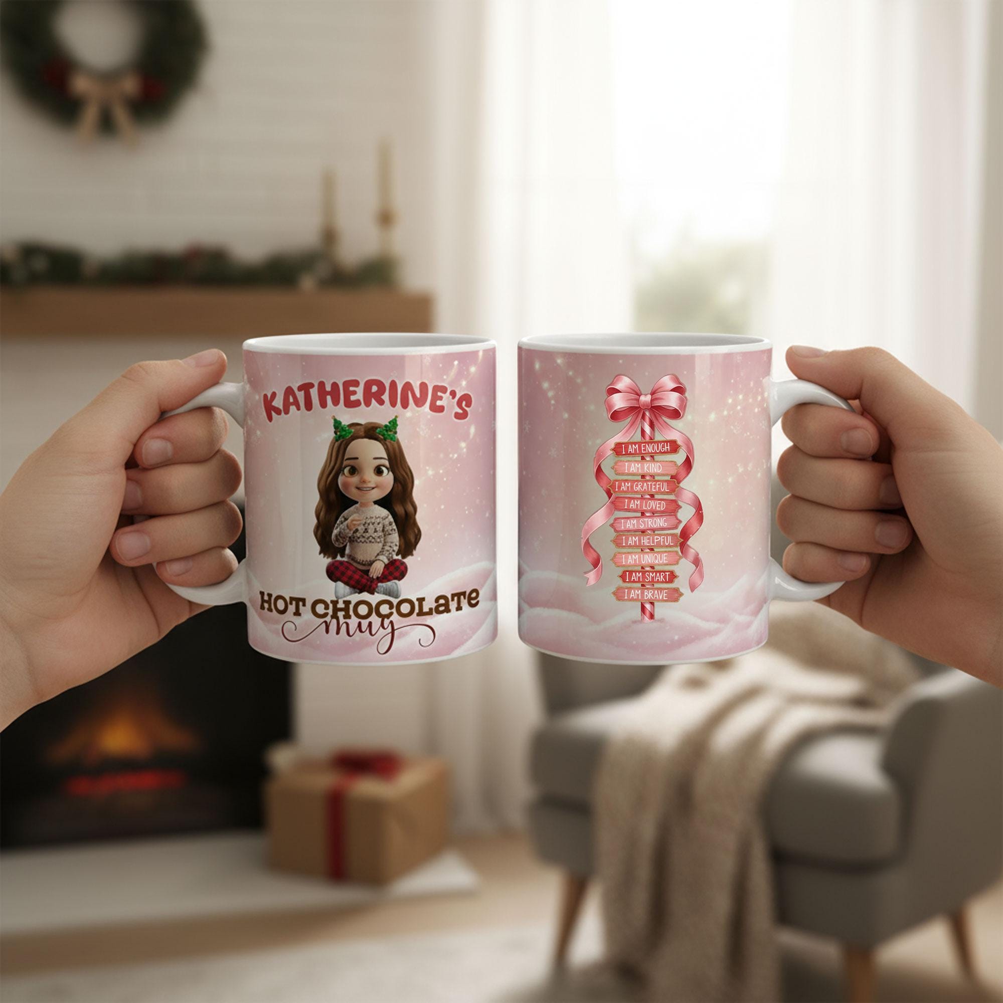Personalized Chibi Girl Hot Chocolate Mug: God Says I Am Mug with Affirmations image 3