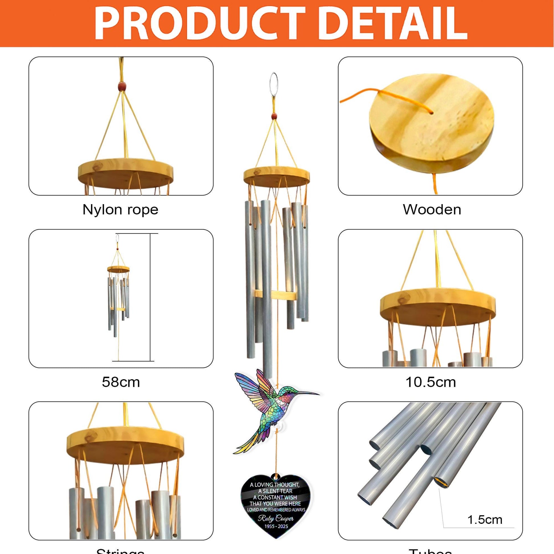 Personalized Memorial Wind Chime with Hummingbird: Outdoor Remembrance Decor image 4