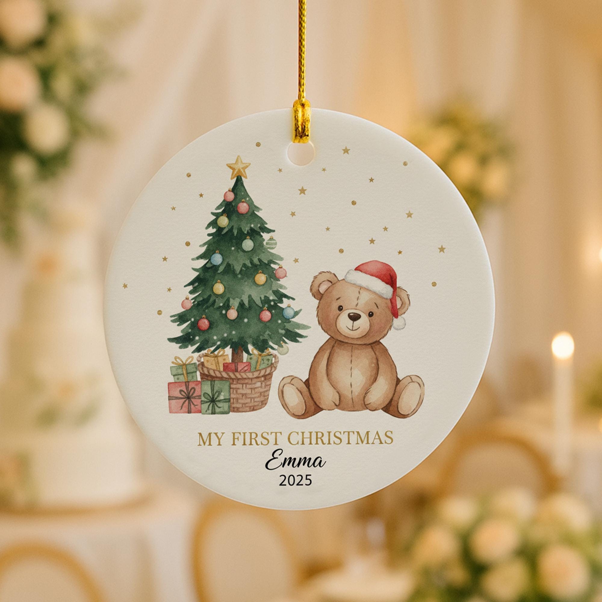 Personalized Teddy Bear Christmas Ornament: Baby's First Xmas Keepsake image 1