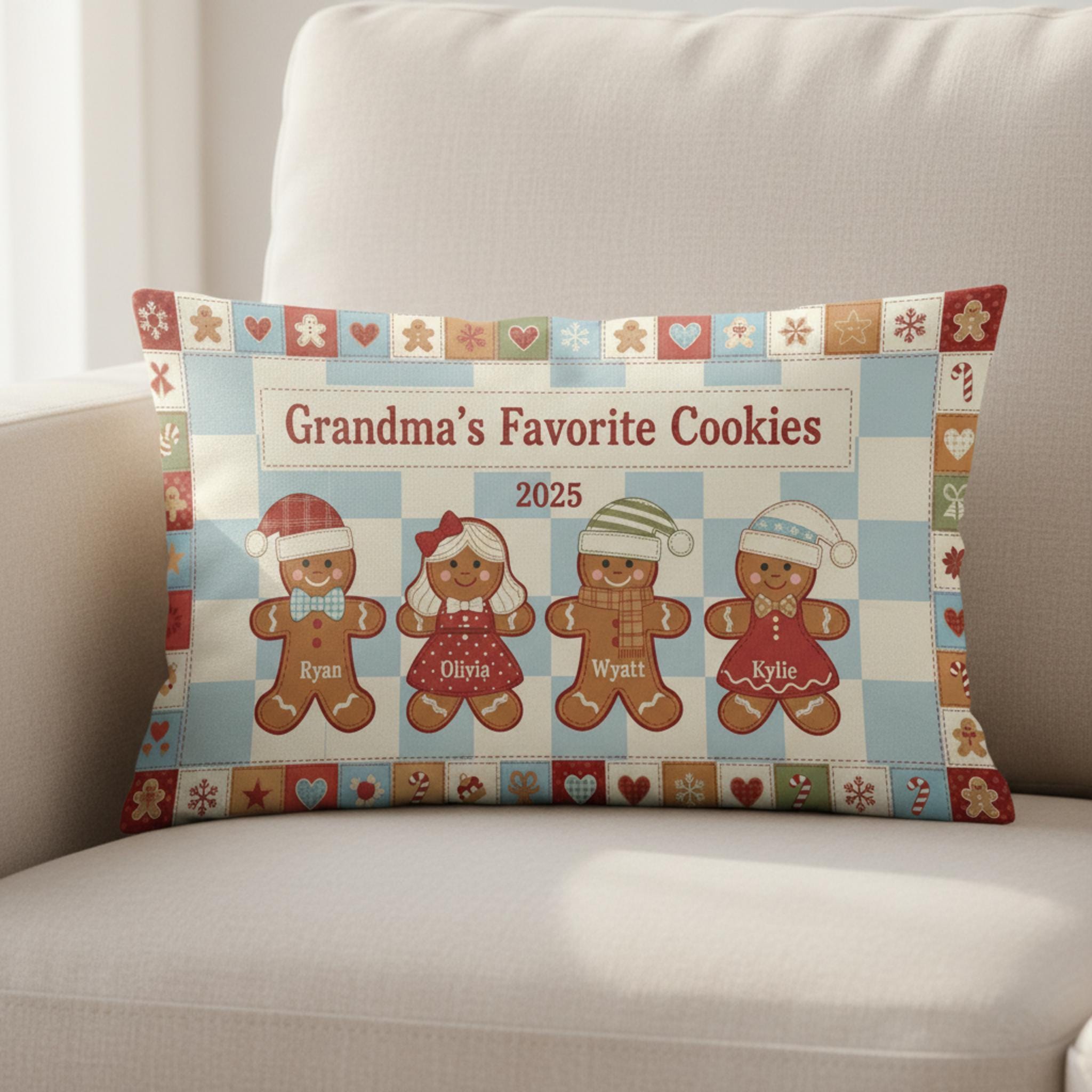 Personalized Grandma Cookies Pillow – Custom Gingerbread Family Throw Pillow 2025 Gift