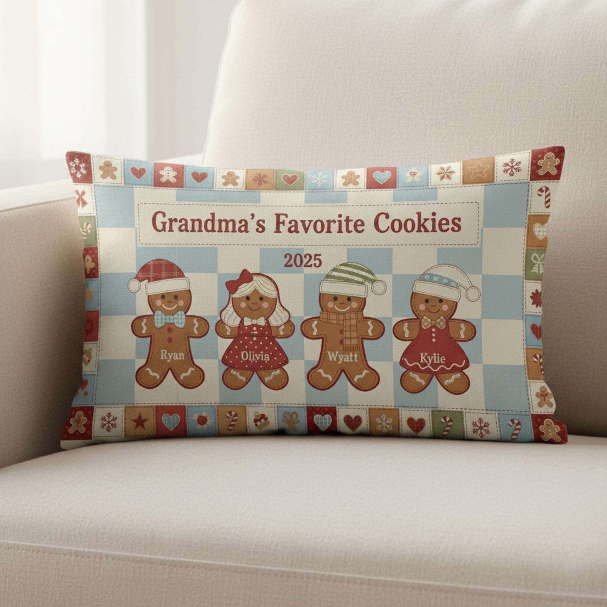 Personalized Grandma Cookies Pillow – Custom Gingerbread Family Throw Pillow 2025 Gift