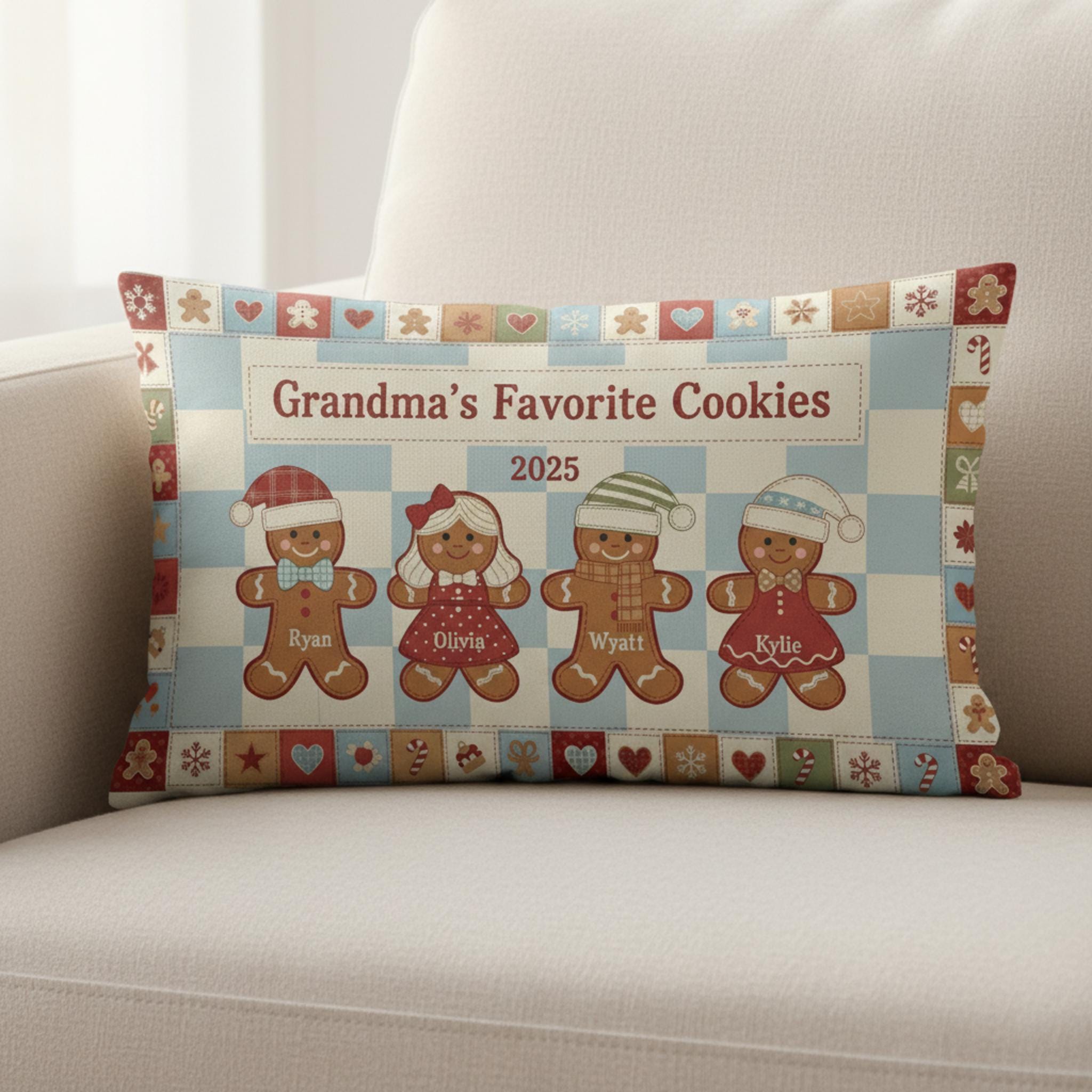 Personalized Grandma Cookies Pillow – Custom Gingerbread Family Throw Pillow 2025 Gift
