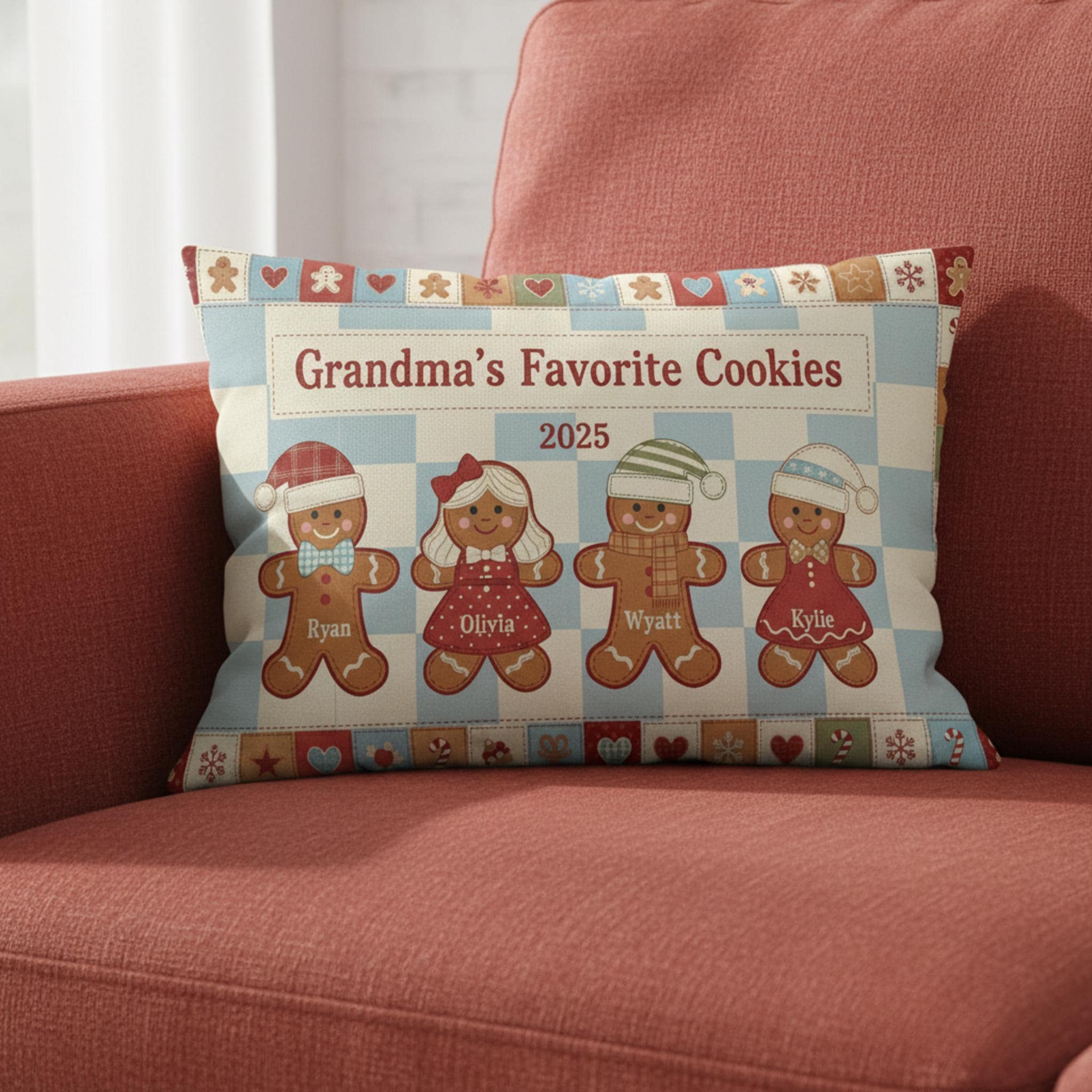 Personalized Grandma Cookies Pillow – Custom Gingerbread Family Throw Pillow 2025 Gift