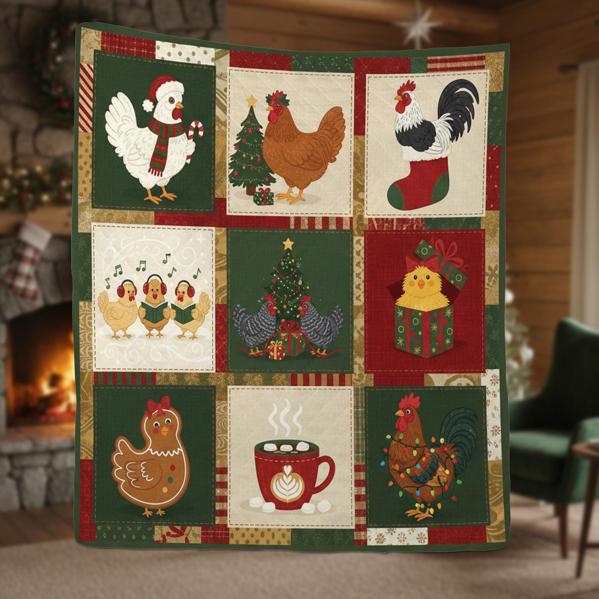 Christmas Chicken Quilt Blanket – Holiday Farmhouse Chicken Throw Quilt
